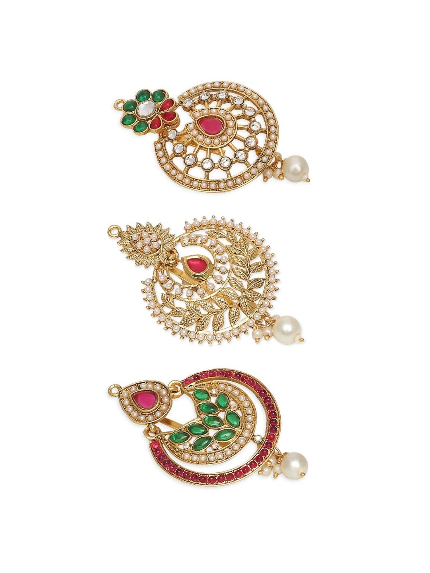 OOMPH Combo of 3 Gold Tone Kundan Hair Bun Pin Juda Pin Ethnic Chandbali Style