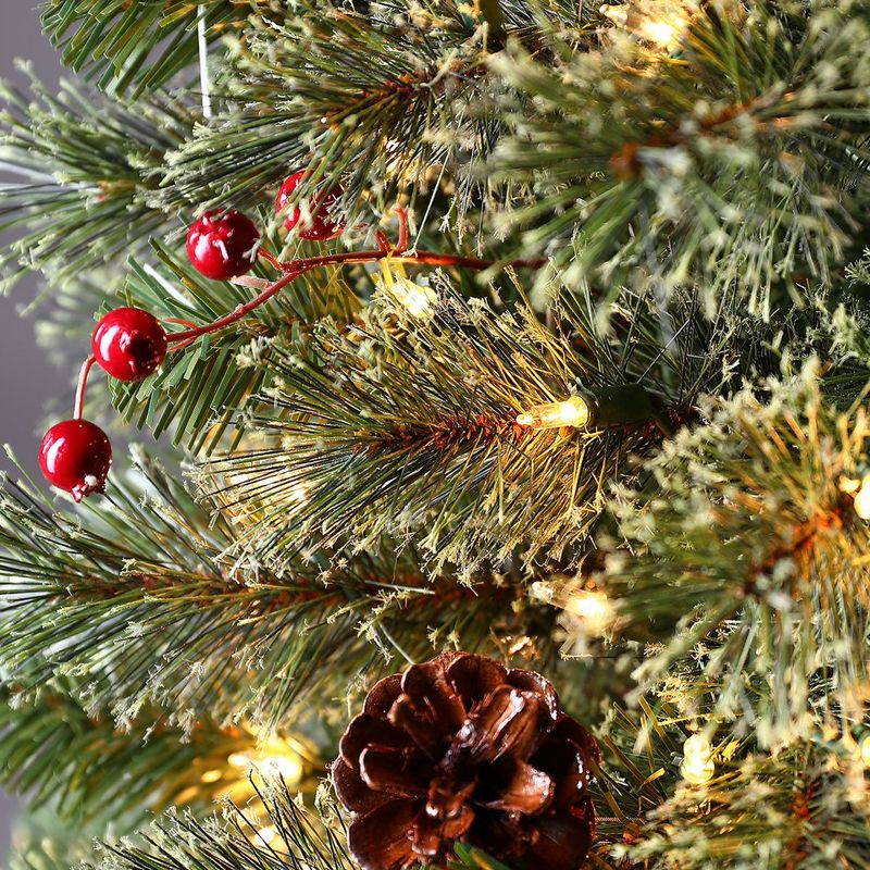 Home Heritage 9 Foot Pre-Lit Skinny Artificial Stanley Pencil Pine Christmas Tree with Clear White Lights, Pine Cones, Red Berries and Foldable Stand