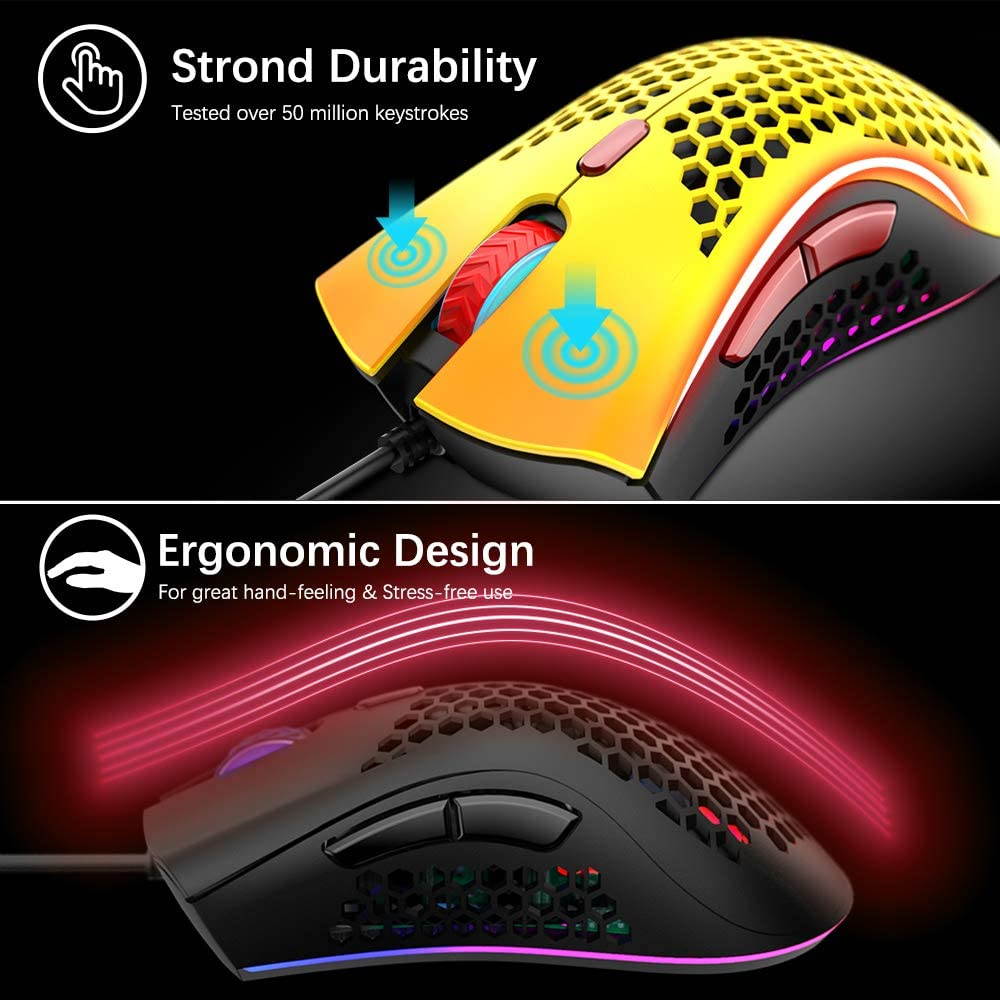 Wired Lightweight Gaming Mouse,Ultralight Honeycomb Shell Ultraweave Cable,7 Buttons Programmable Driver,Pixart 3325 12000 DPI,10 RGB Backlit Computer Mouse for PC Gamers,Xbox,PS4 Users
