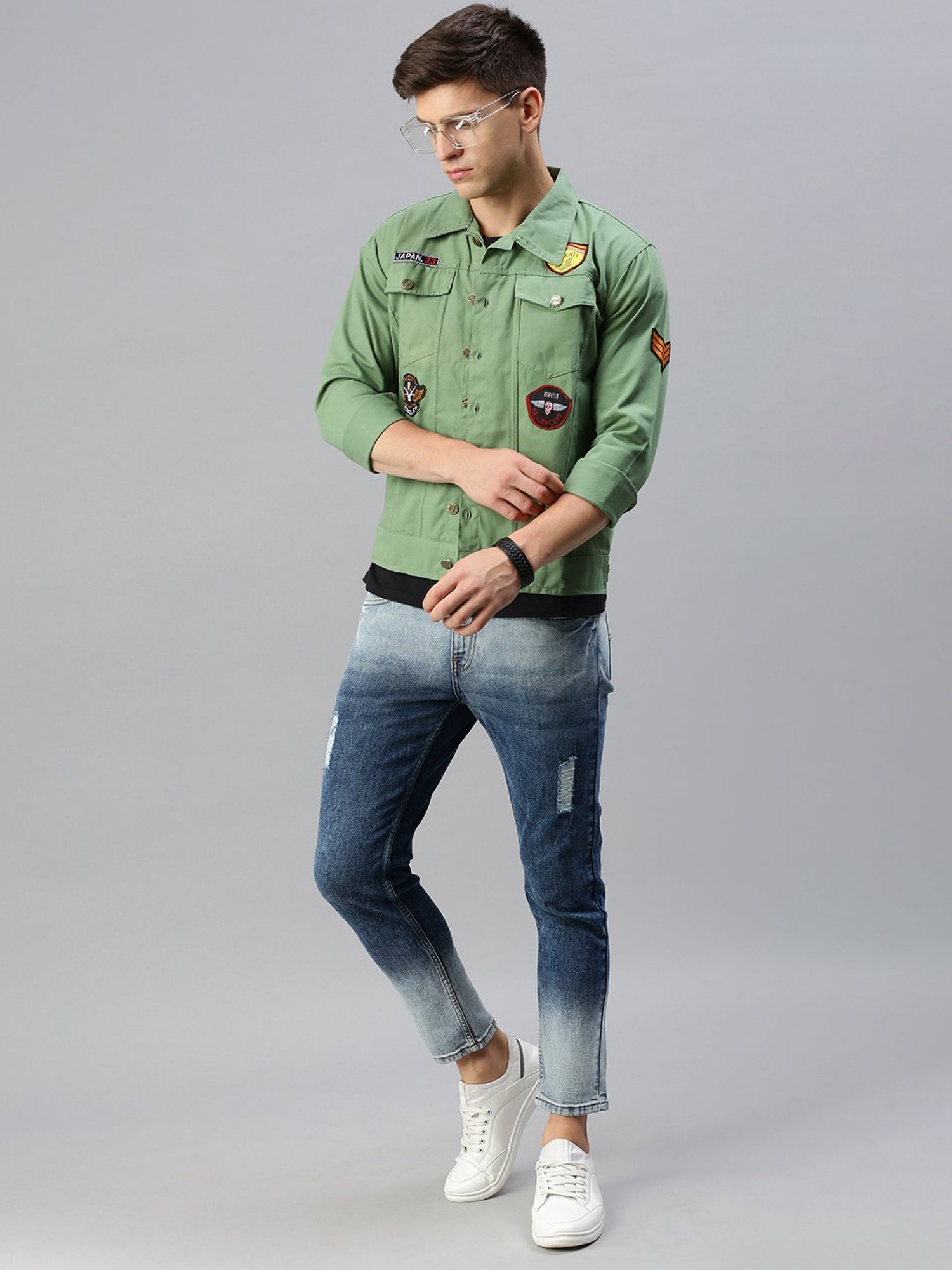 VOXATI Sea Green Regular Fit Shirt Collar Denim Jacket
