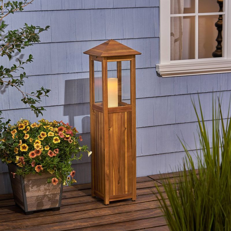 47" Claudine Standing Acacia Wood Candle Outdoor Lantern Teak - Christopher Knight Home