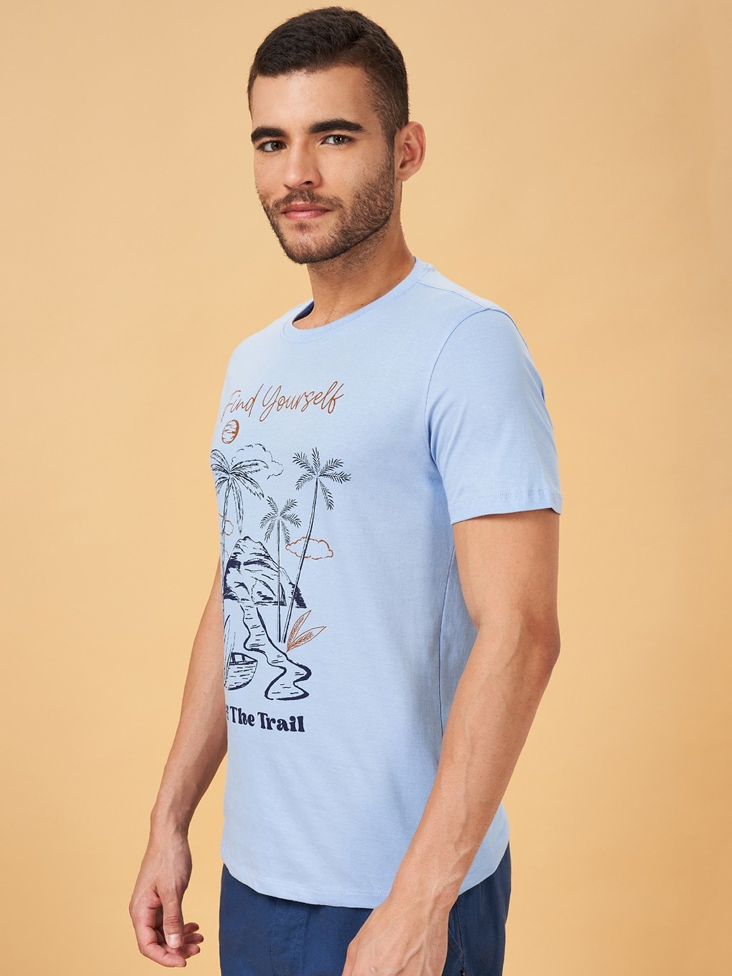 Urban Ranger by Pantaloons Sky Blue Cotton Slim Fit Printed T-Shirt