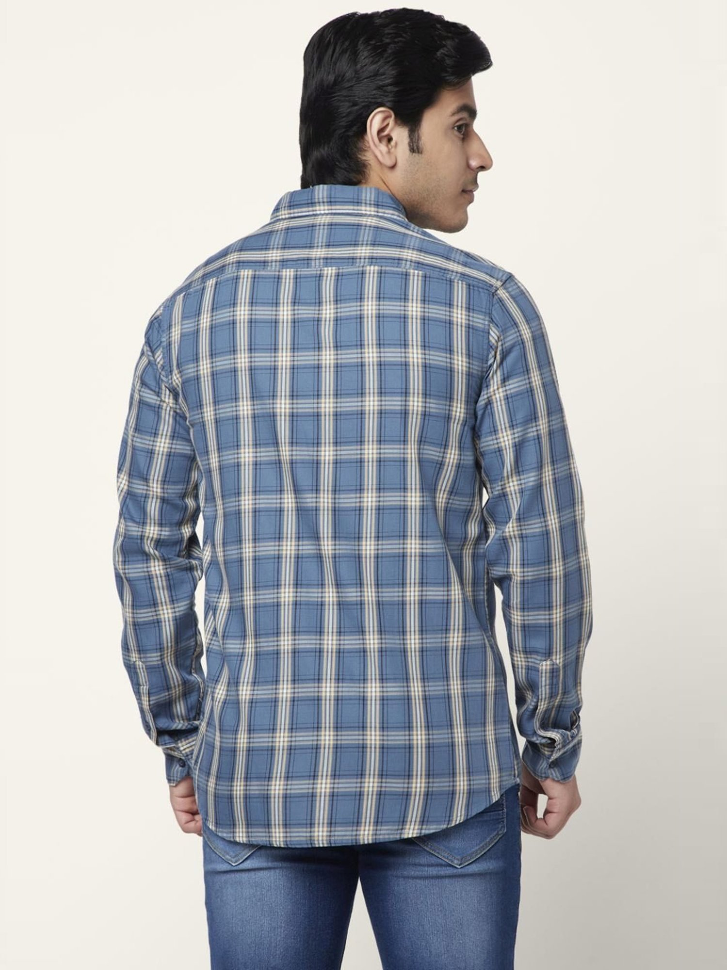 Spykar Blue Cotton Slim Fit Checks Shirt