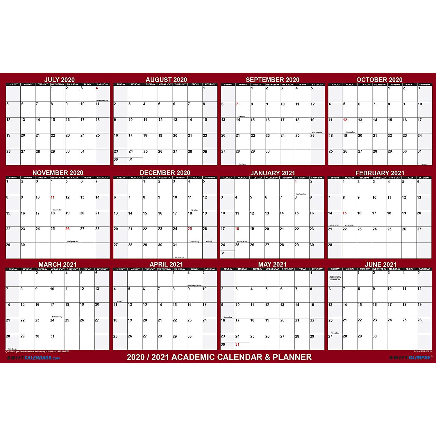 24" x 36" SwiftGlimpse 2020-2021 Academic Wall Calendar Dry Erase Erasable, Large, Wet & Dry Erase Laminated, June - July Yearly Planner (24x36 Maroon 2020-2021)