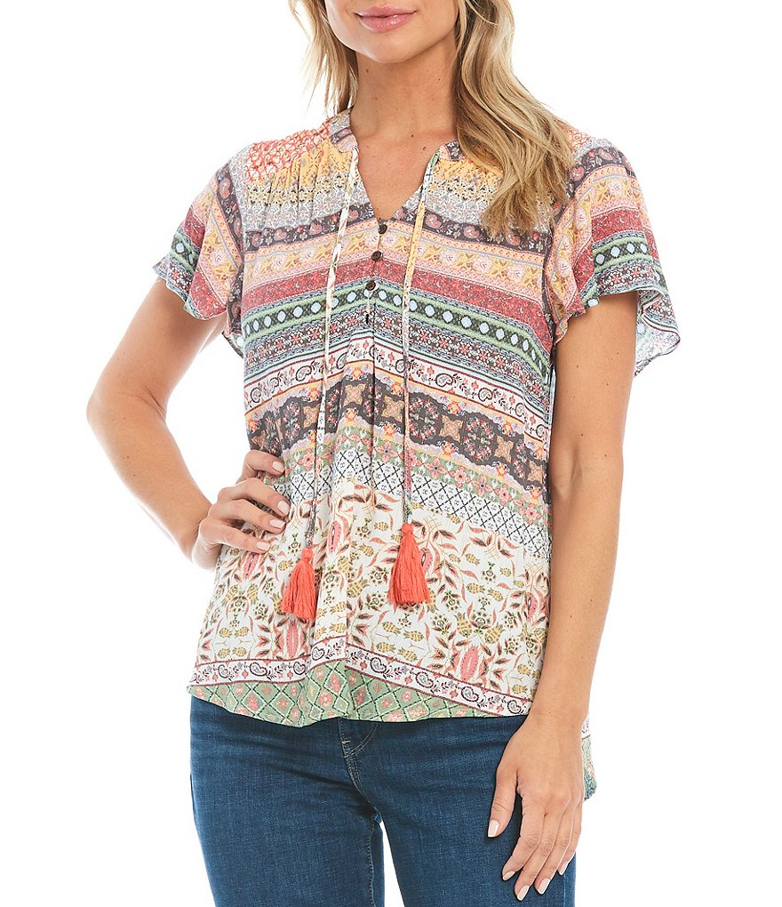 One World Apparel Multi Color Print Tassel Tie Notch Neck Flutter Sleeve Top