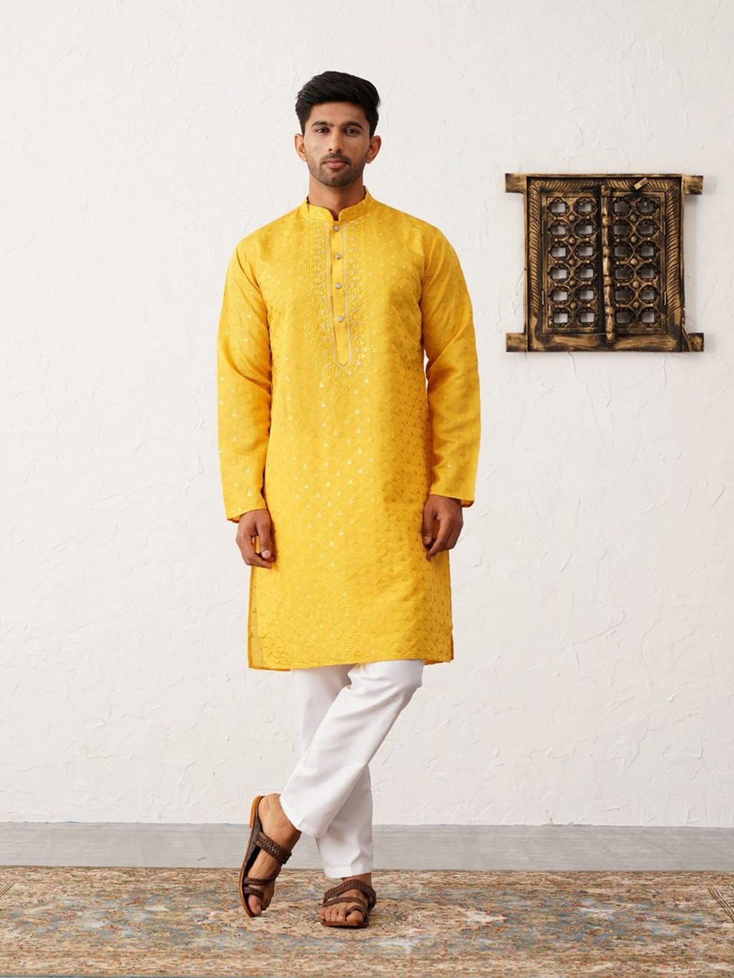 Jompers Yellow & White Regular Fit Embroidered Kurta Bottom Set