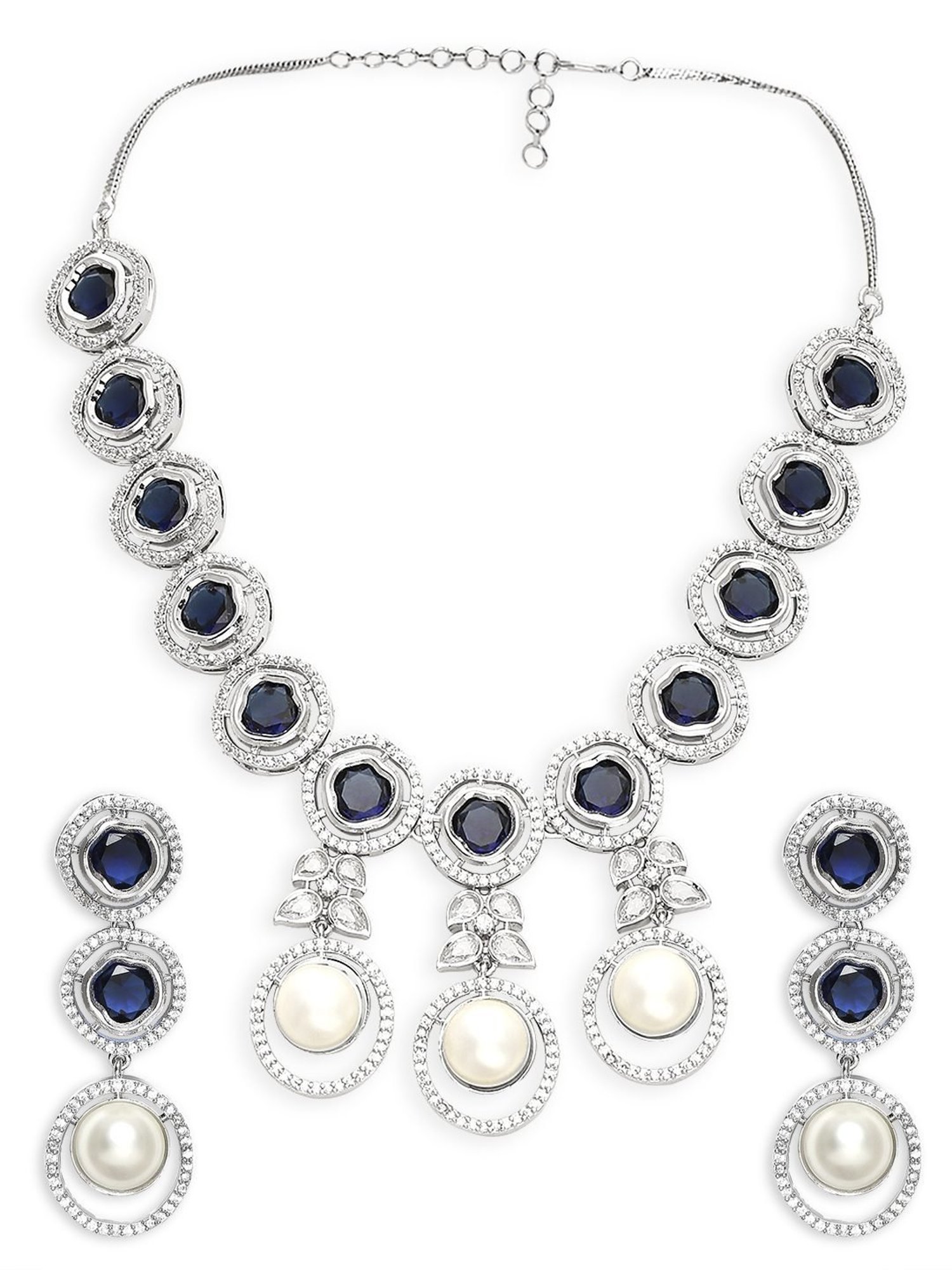 OOMPH Blue American Diamond and Pearls Statement Necklace Set