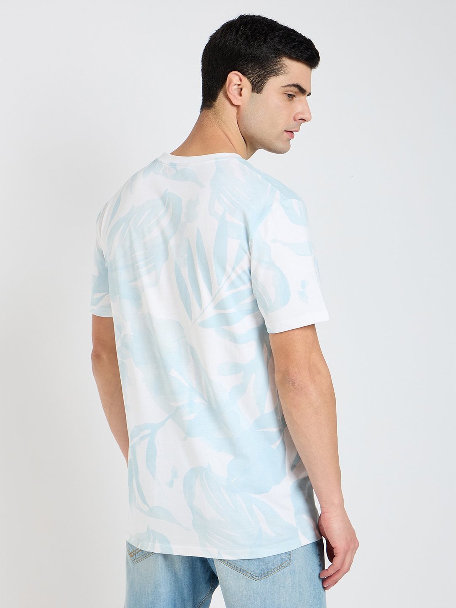 EDRIO Light Blue Regular Fit Printed Crew T-Shirt