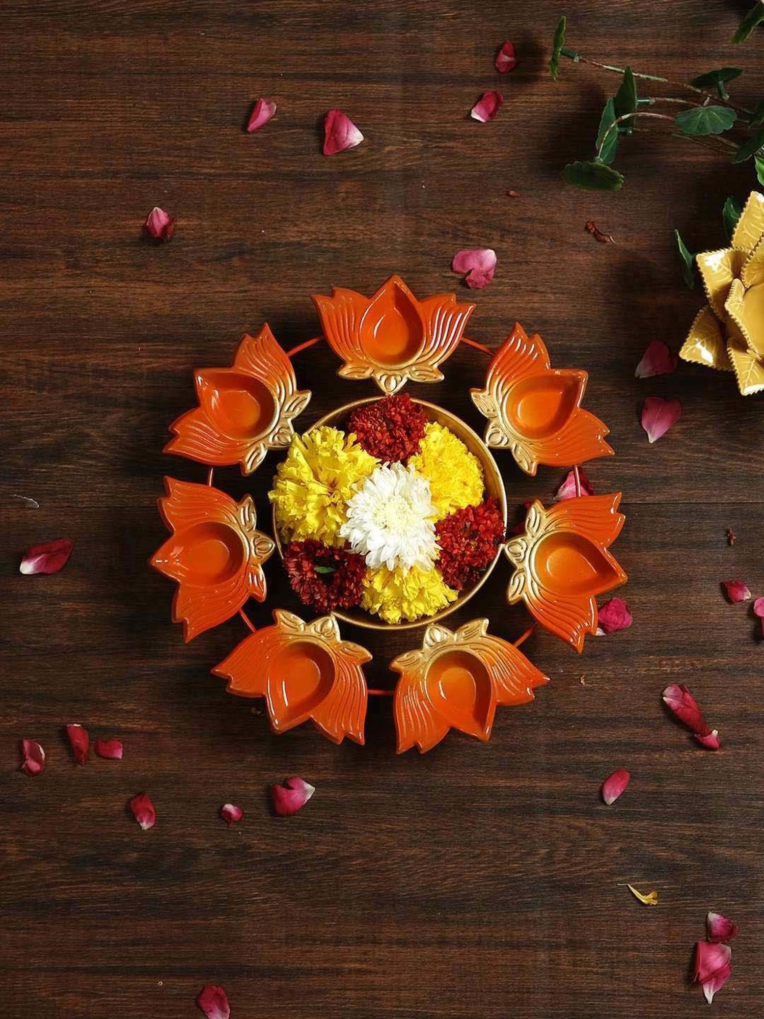 Aapno Rajasthan Golden & Orange Metal Lotus Urli