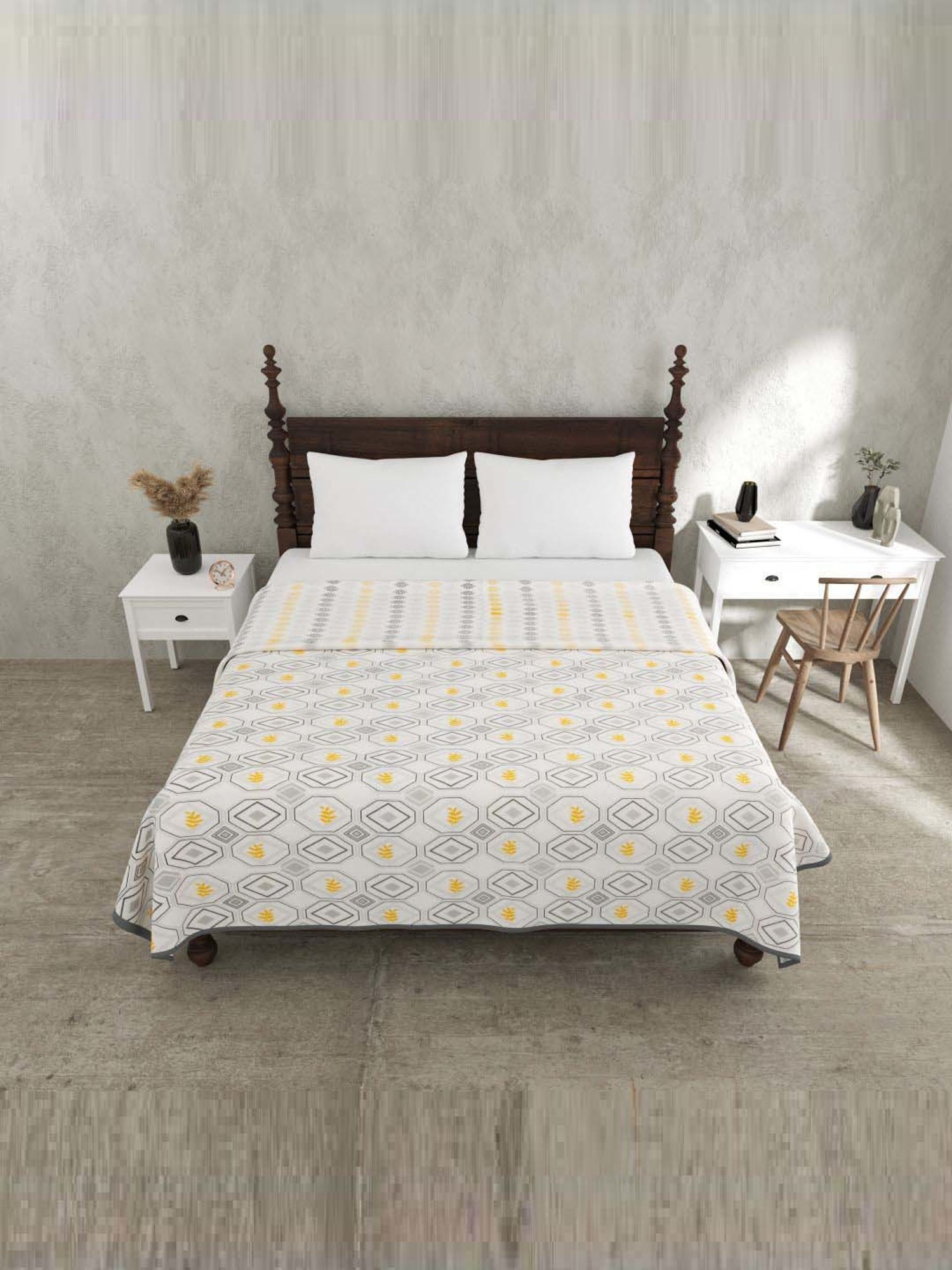 Haus & Kinder Cambric Floral Green & Yellow Cotton Single Reversible Dohar