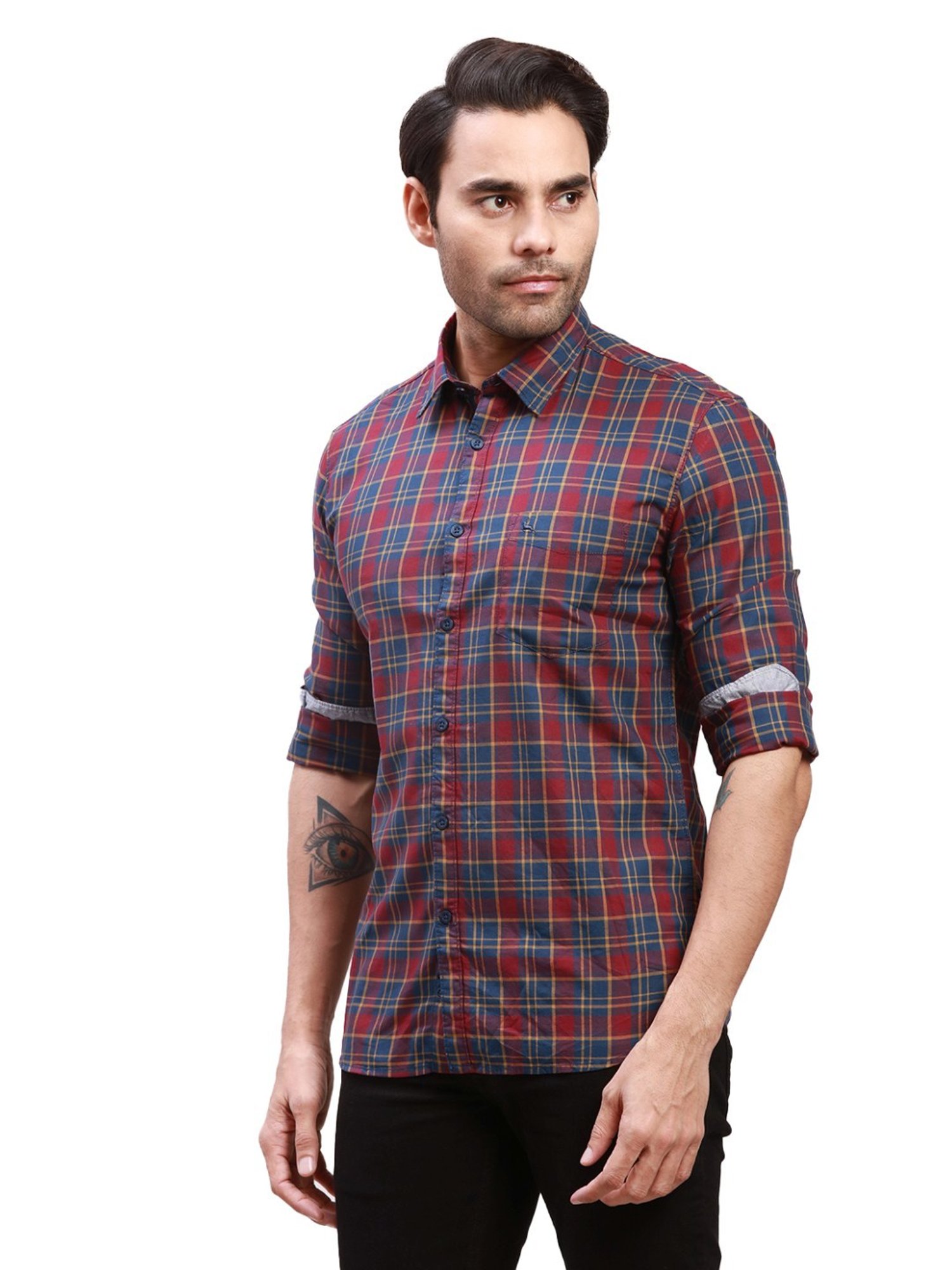 Spykar Blue Cotton Slim Fit Checks Shirt