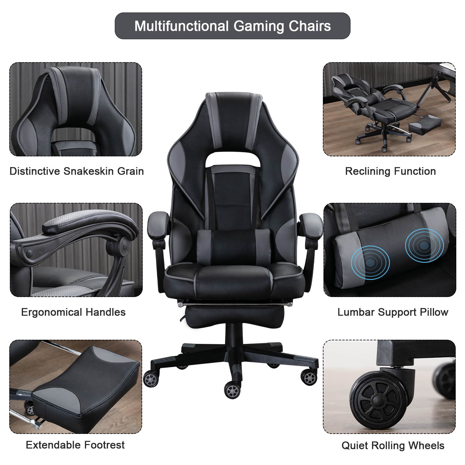 Massage Computer Gaming Chair, Adjustable Lumbar Support PU Leather Swivel Racing Style Video Game Chairs