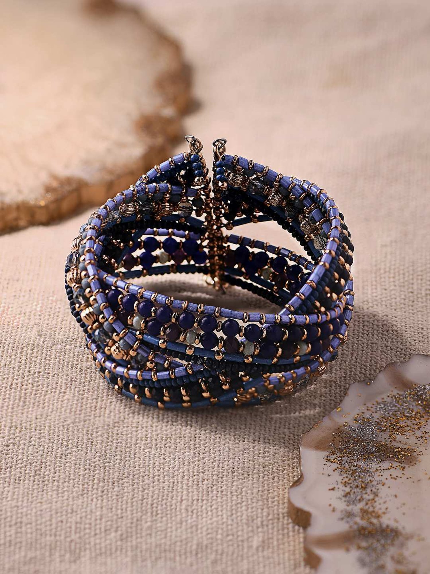 Accessorize London Women's Blue Beaded Woven Cuff Bracelet