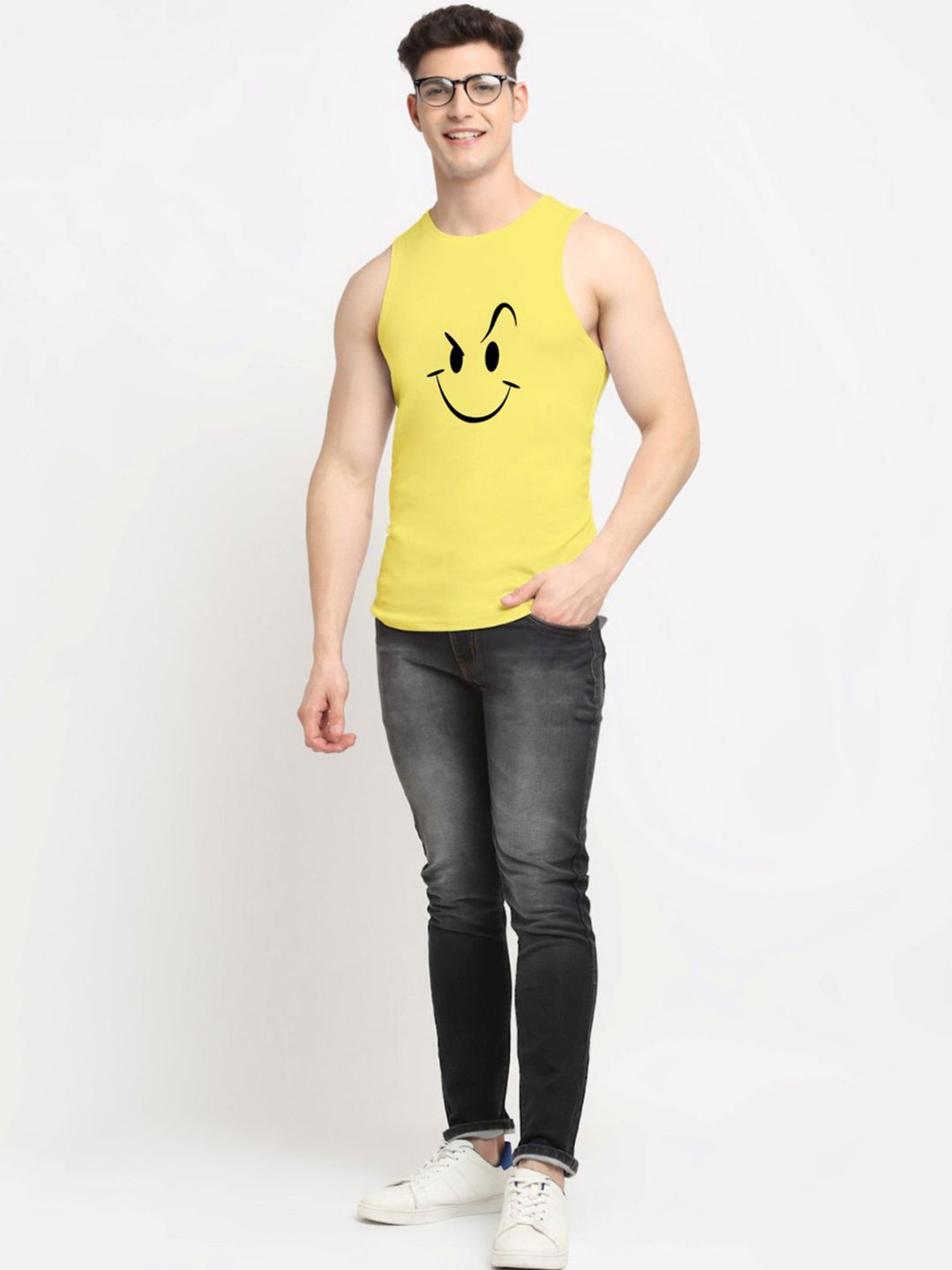 Friskers Yellow Cotton Slim Fit Printed Vest