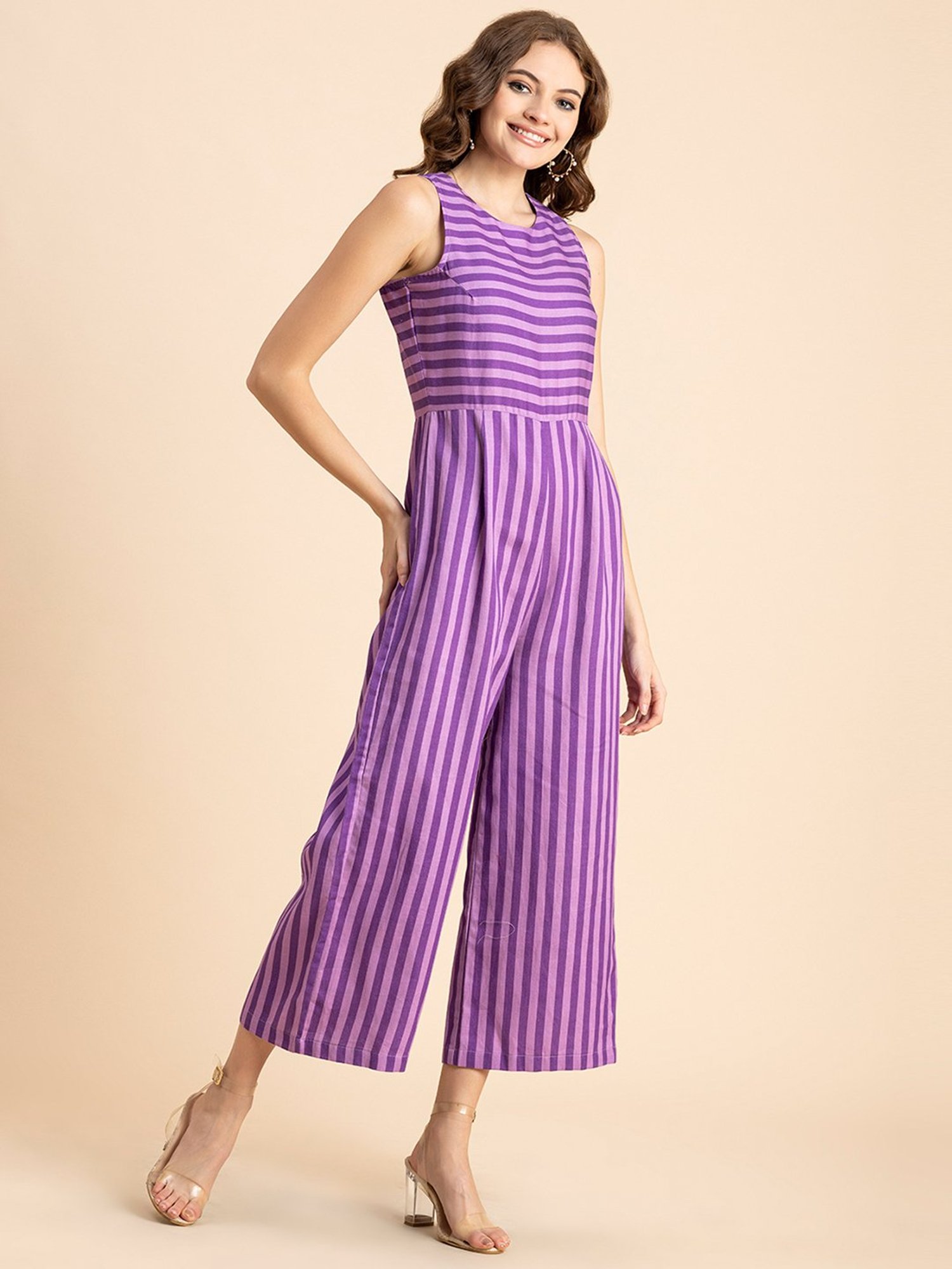 Moomaya Purple Cotton Blend Striped Jumpsuit