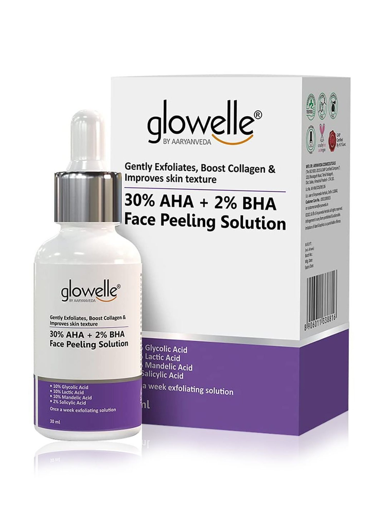 Aryanveda Glowelle 30% AHA and 2% BHA Face Peeling Solution For Mild Exfoliation - 30 ml