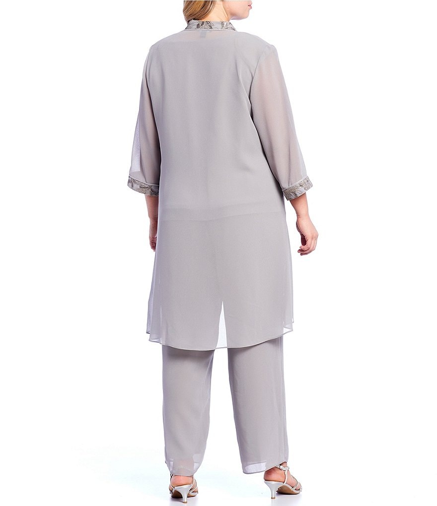 Le Bos Plus Size Scoop Neck 3/4 Sleeve 3-Piece Embroidered Sequin Trim Pant Set