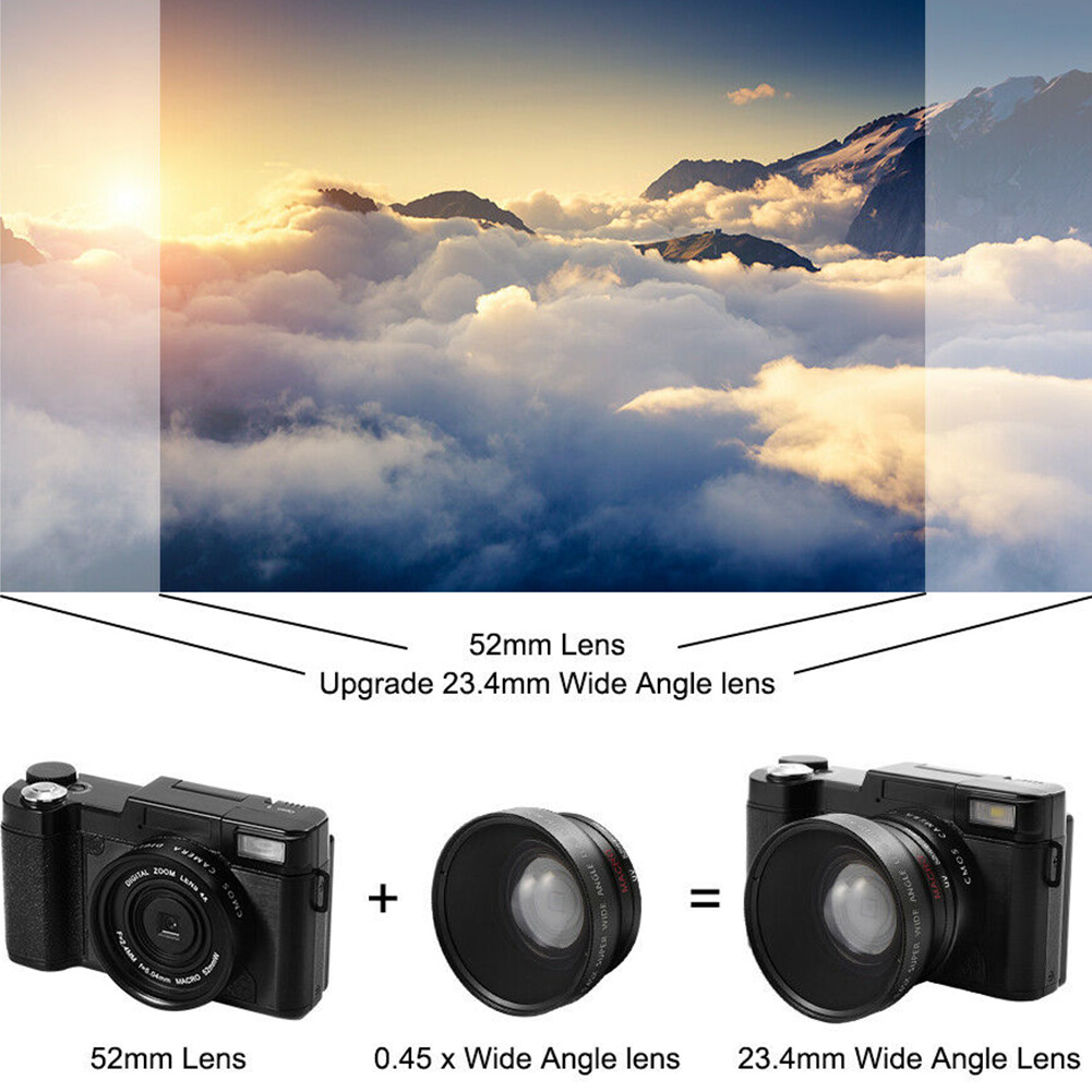 Full HD 1080P Digital Camera Wide Angle Lens Flip Screen Flash Light 24MP 3.0" TFT LCD Display