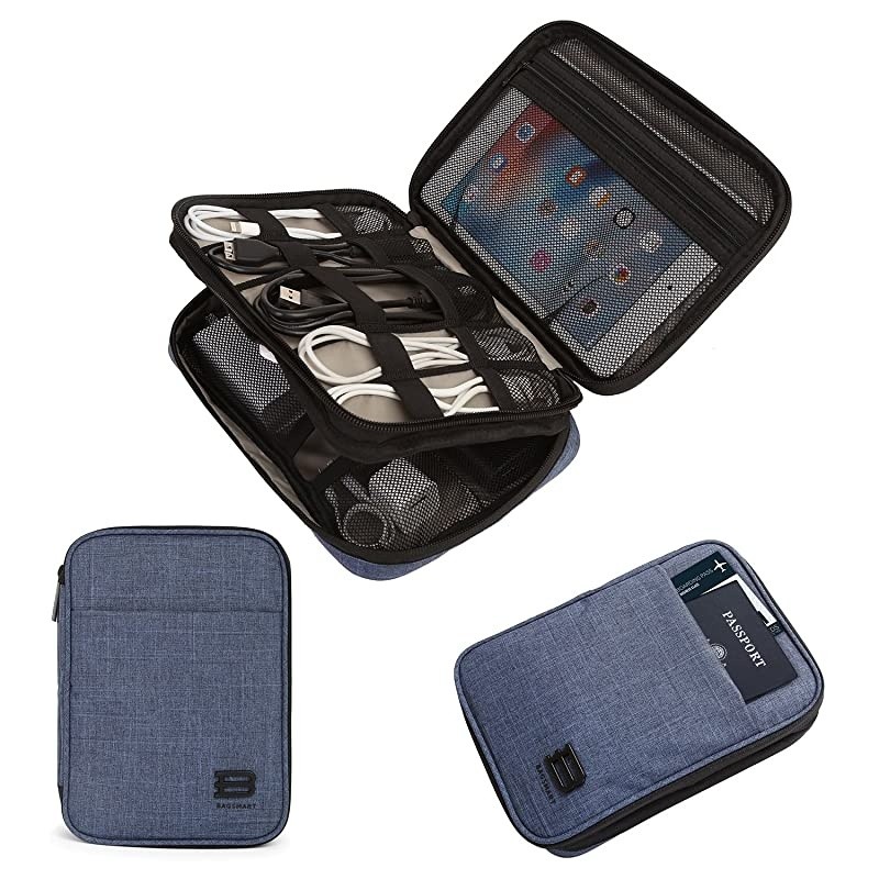 Electronic Organizer DoubleLayer Travel Cable Organizer Electronics Accessories Cases for Cables iPhone Kindle USB Blue