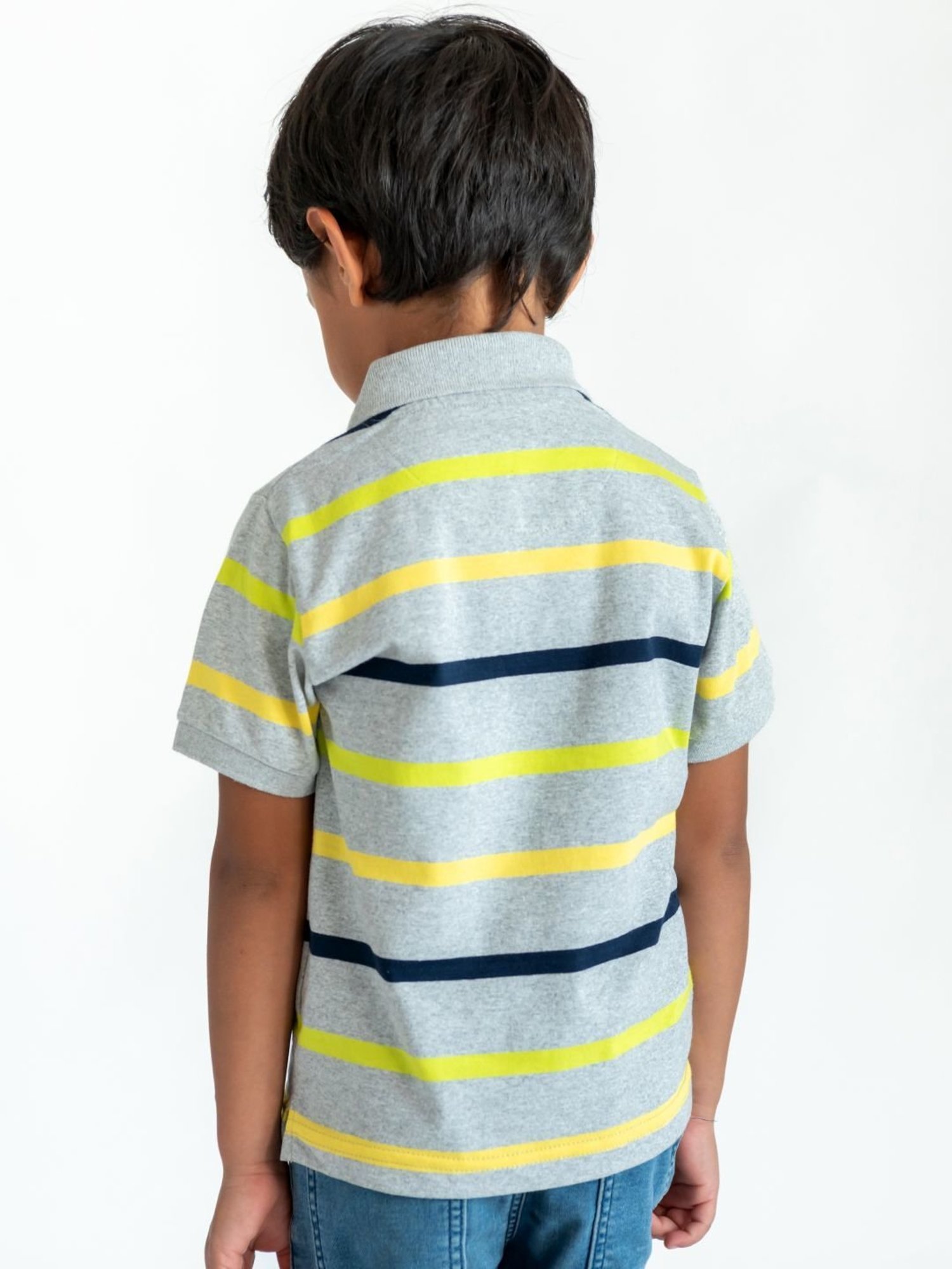 Campana Kids Grey & Yellow Cotton Striped Polo T-Shirt