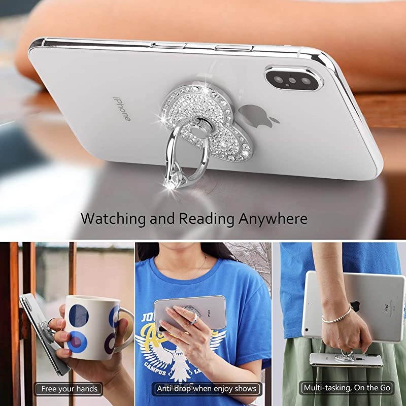 Cell Phone Finger Ring Stand with Sparkly Diamond  Heart Love Phone Ring Kickstand Holder Washable Removable 360&deg;Rotation Zinc Alloy Ring Grip Stand for All Phones Silver