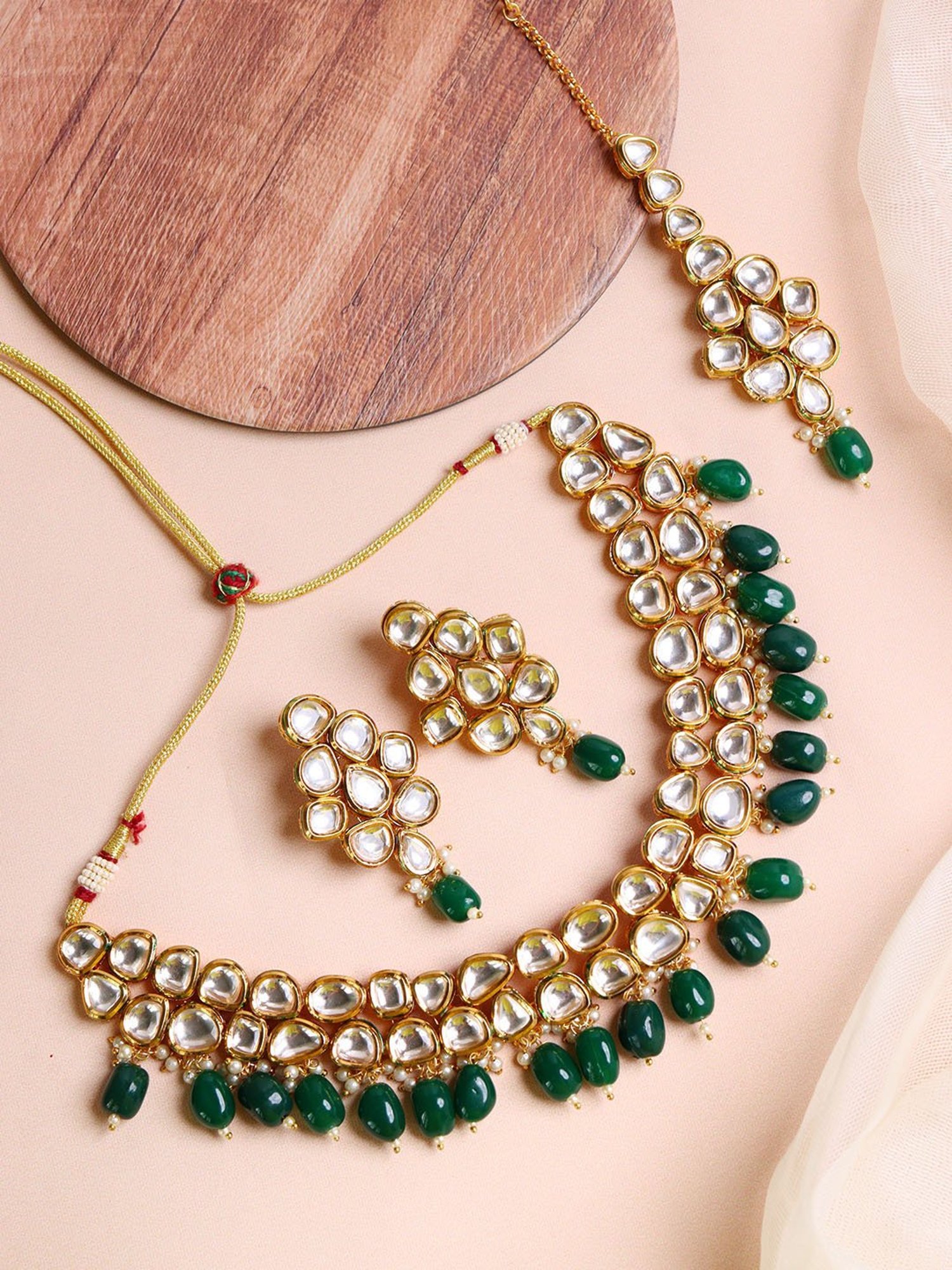 Curio Cottage Meira Two of a Kind Kundan Green Necklace, Earring & MaangTikka Set for Women