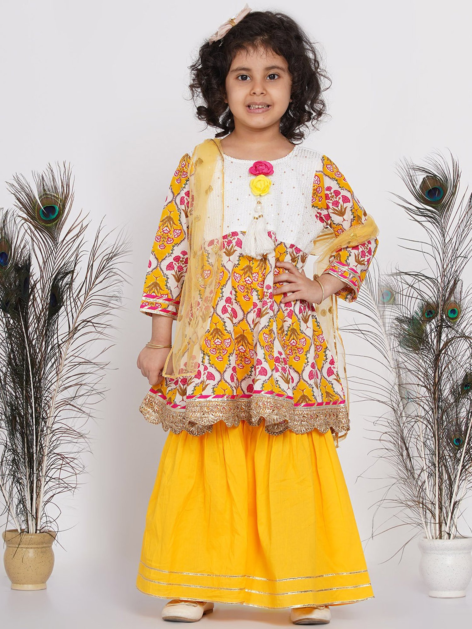 Little Bansi Kids Yellow Floral Print Kurta with Sharara & Dupatta
