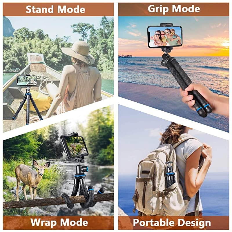Flexible Cell Phone Tripod, Mini Travel Tripod Stand with Wireless Remote Shutter, Universal Adapter Compatible with iPhone, Android, GoPro, DSLR, Action Camera. (Blue)
