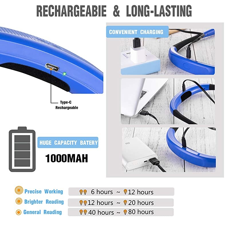 LED Neck Reading Light Book Light for Reading in Bed 3 Colors 6 Brightness Levels Bendable Arms Rechargeable Long Lasting Blue Perfect for Reading Knitting Camping Repairing