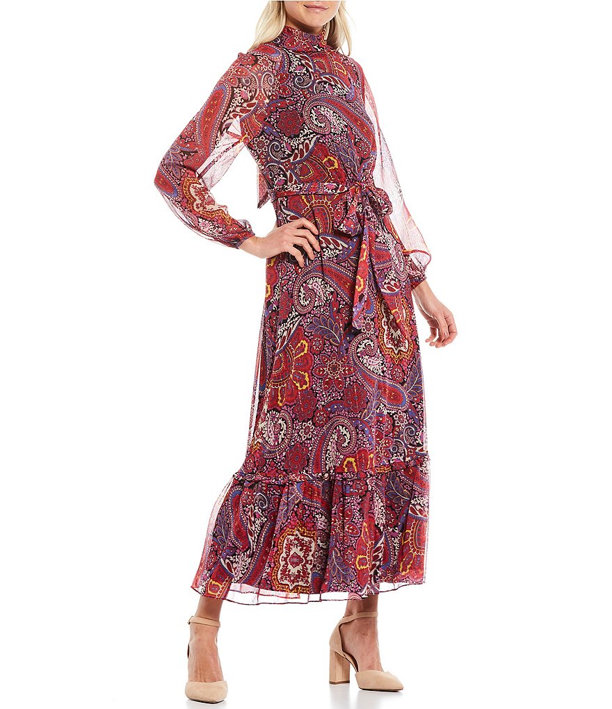 Tahari ASL Paisley Print Metallic Yoryu Long Sleeve Tie Waist Ruffle Hem Maxi Dress