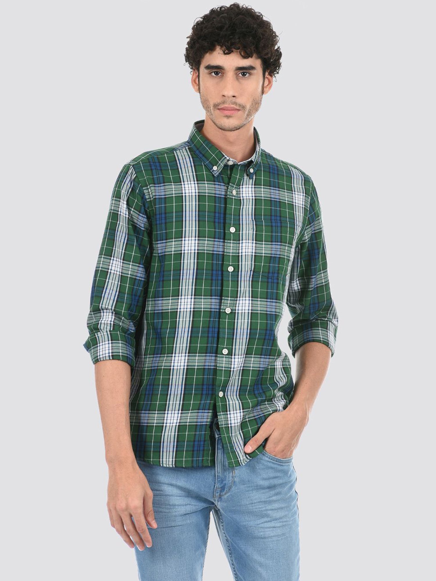 London Fog Green Regular Fit Checks Shirt