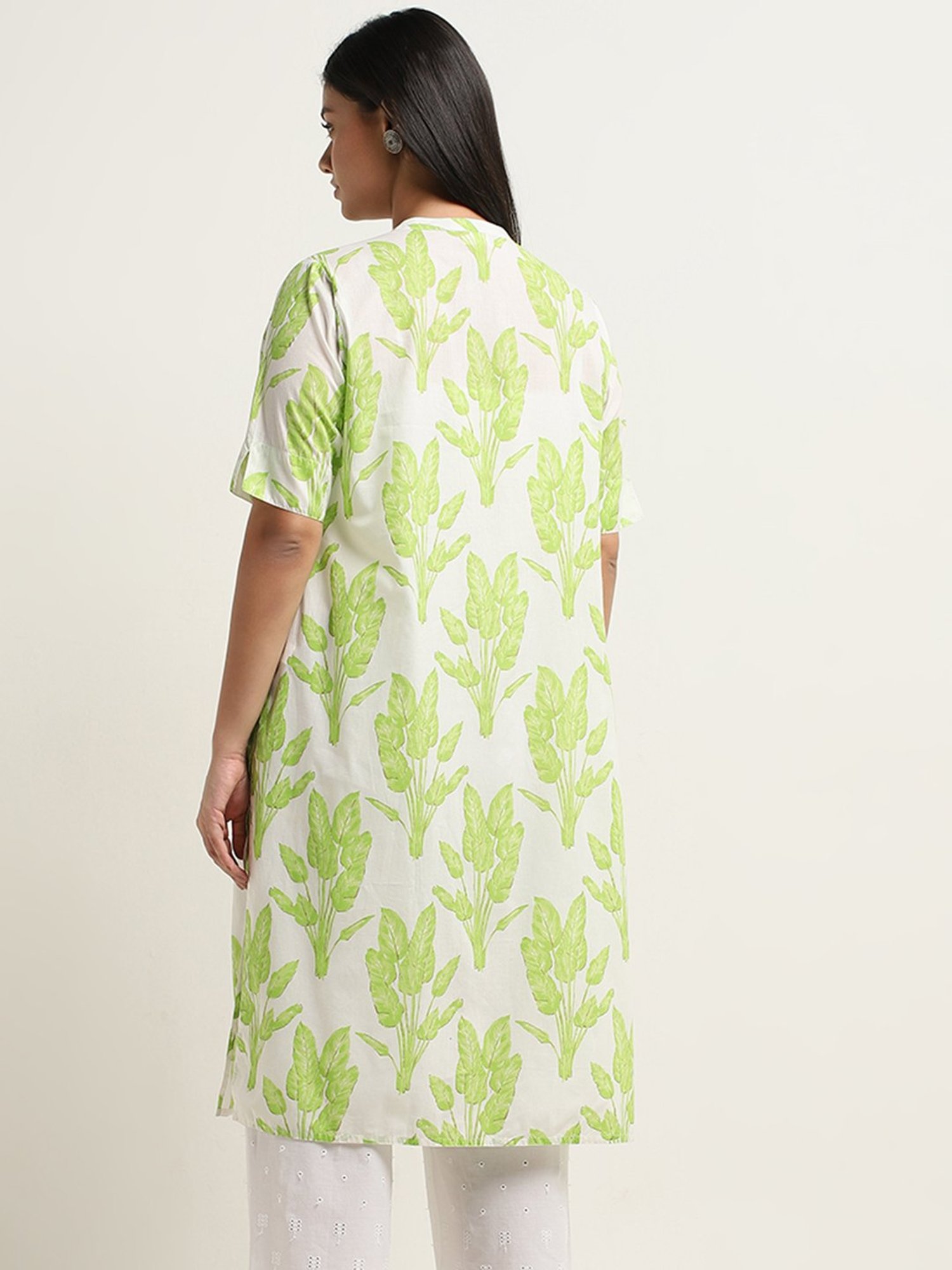 Diza by Westside Green Foliage Design Straight Cotton Kurta