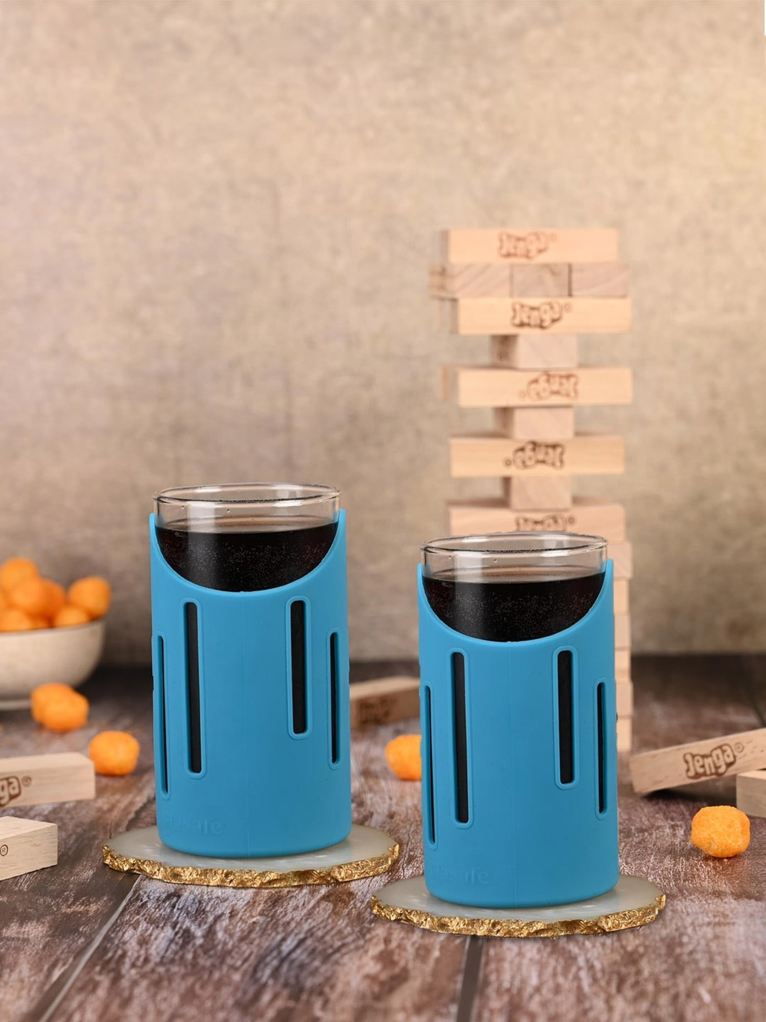 Glasafe Tranquil Teal Borosilicate Bottle with 4 Drinking Glasses