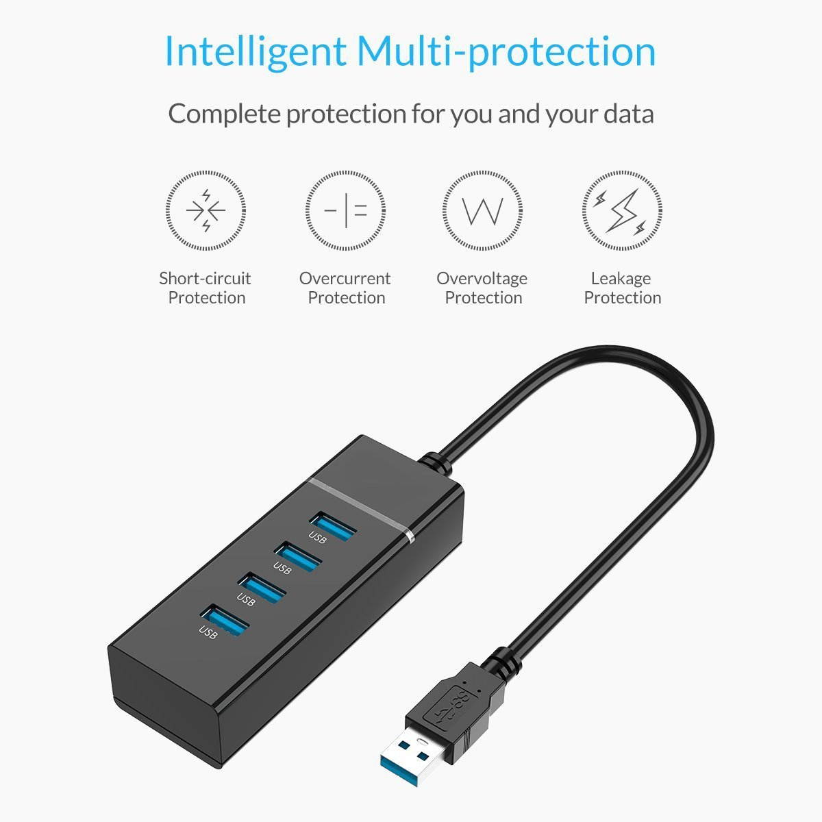 USB Hub, Hhusali 4-Port USB 3.0 Hub (5Gbps Transfer Speed, Lightweight, For Mac and Windows OS)