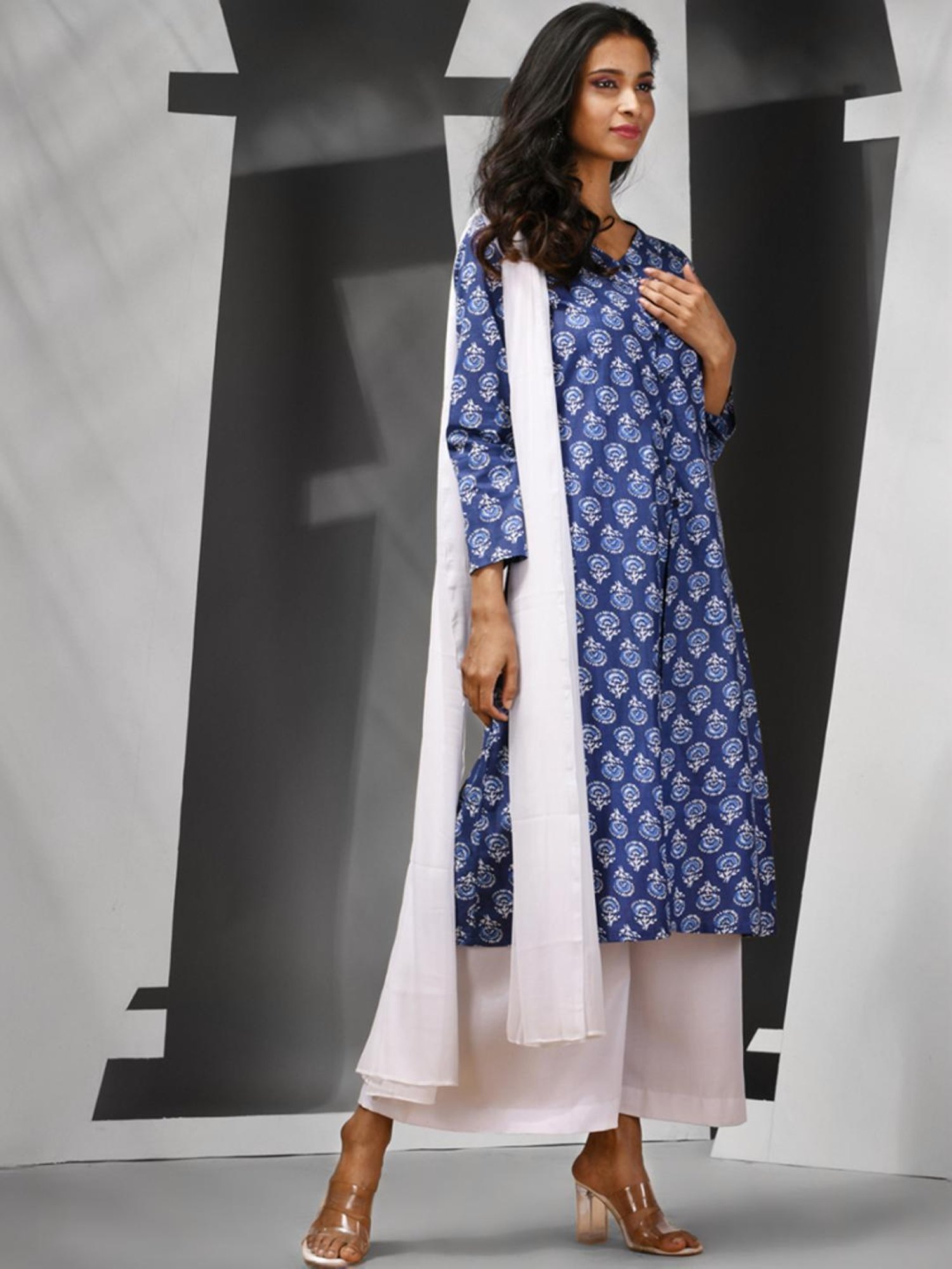 Charukriti Blue & White Cotton Floral Print Kurta Palazzo Set With Dupatta