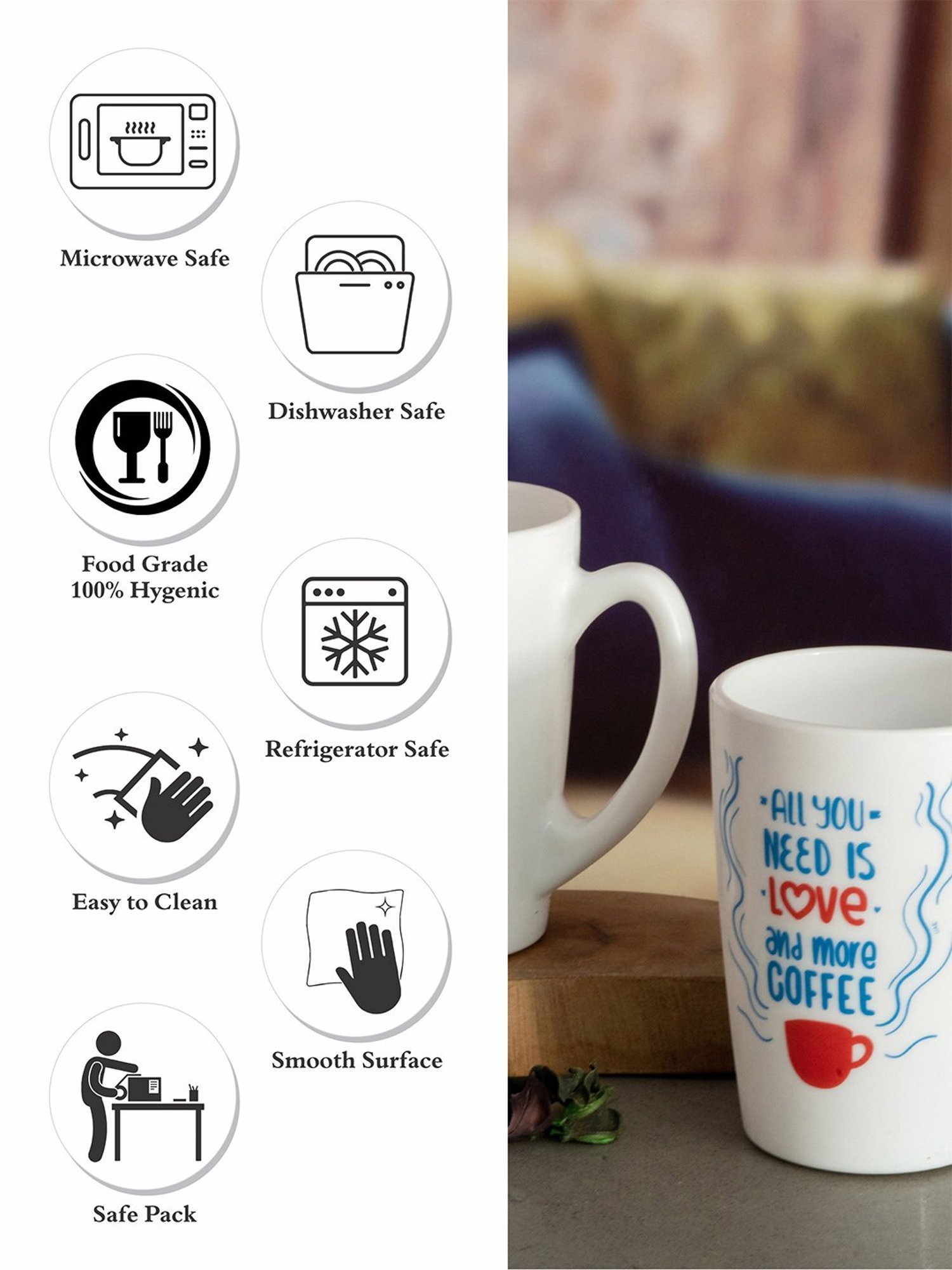 Luminarc Printed White Opalware Large Coffee Mug - Set of 6 (320ml)