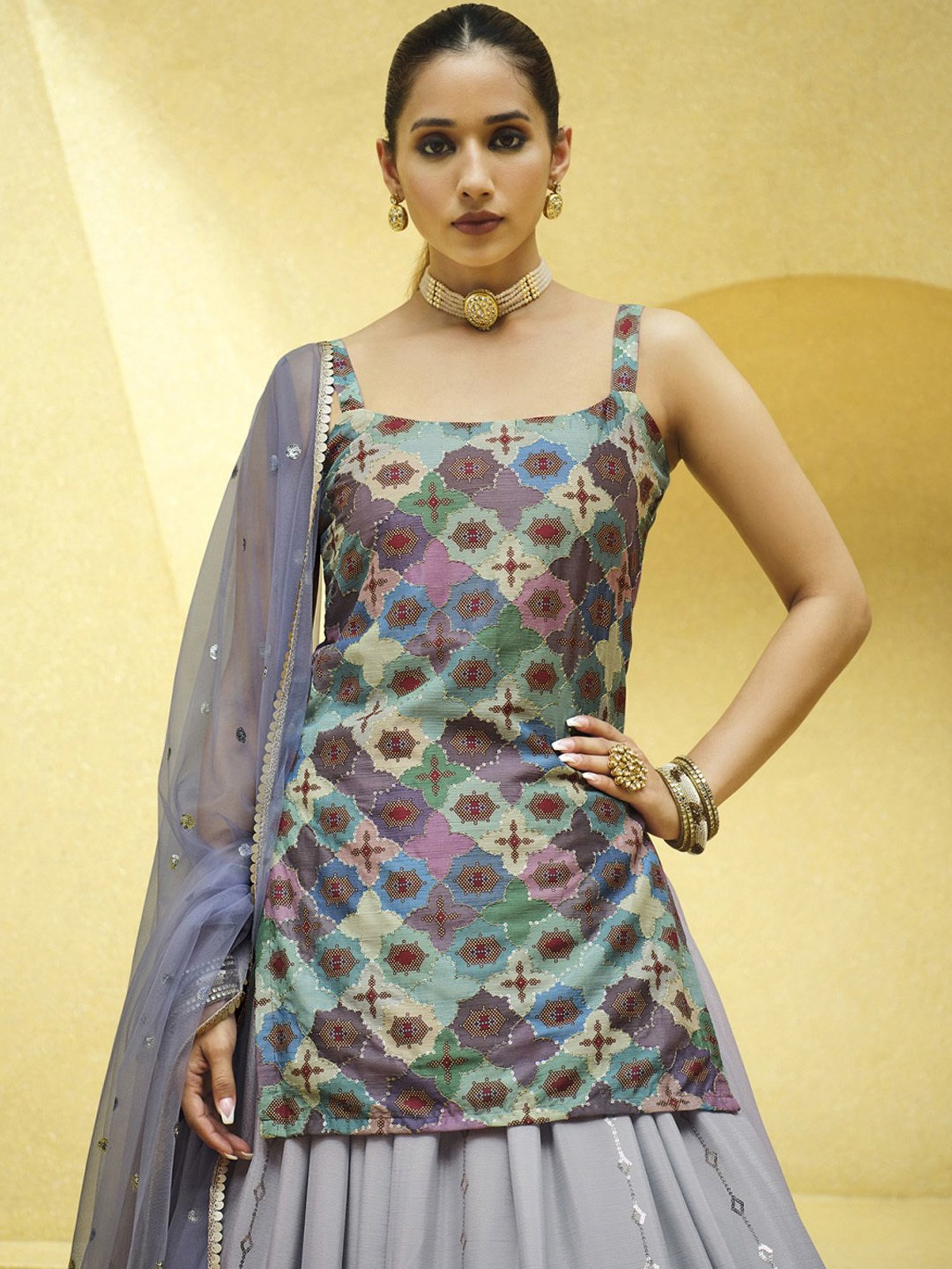 SHUBHKALA Lavender Embellished Lehenga and Choli Set With Dupatta