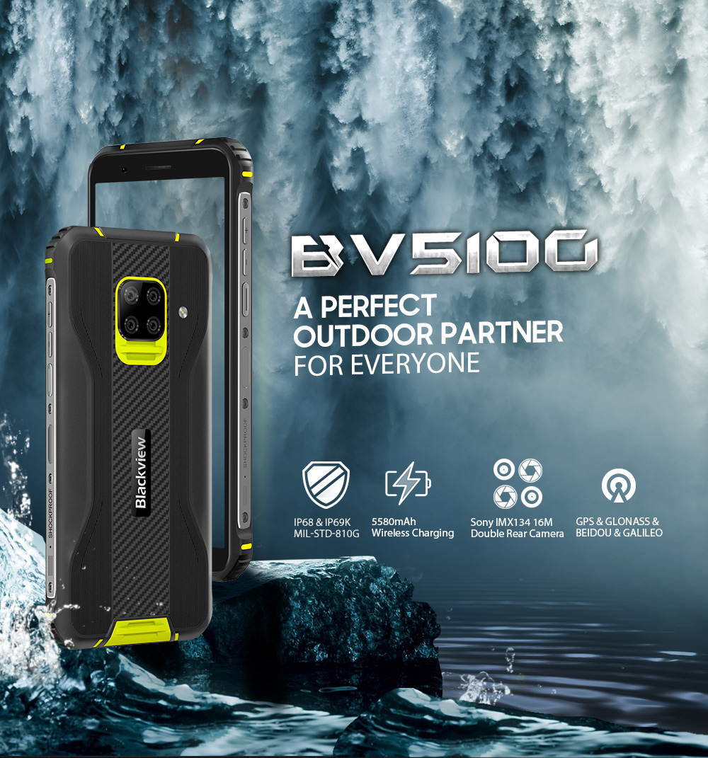 Blackview BV5100 4G Rugged IP68 Android 10 Smartphones, 4GB + 128GB, 16MP + 13MP Camera, Wireless Charging, Unlocked Mobile Phone, HD + 5.7 '', NFC FM Compass