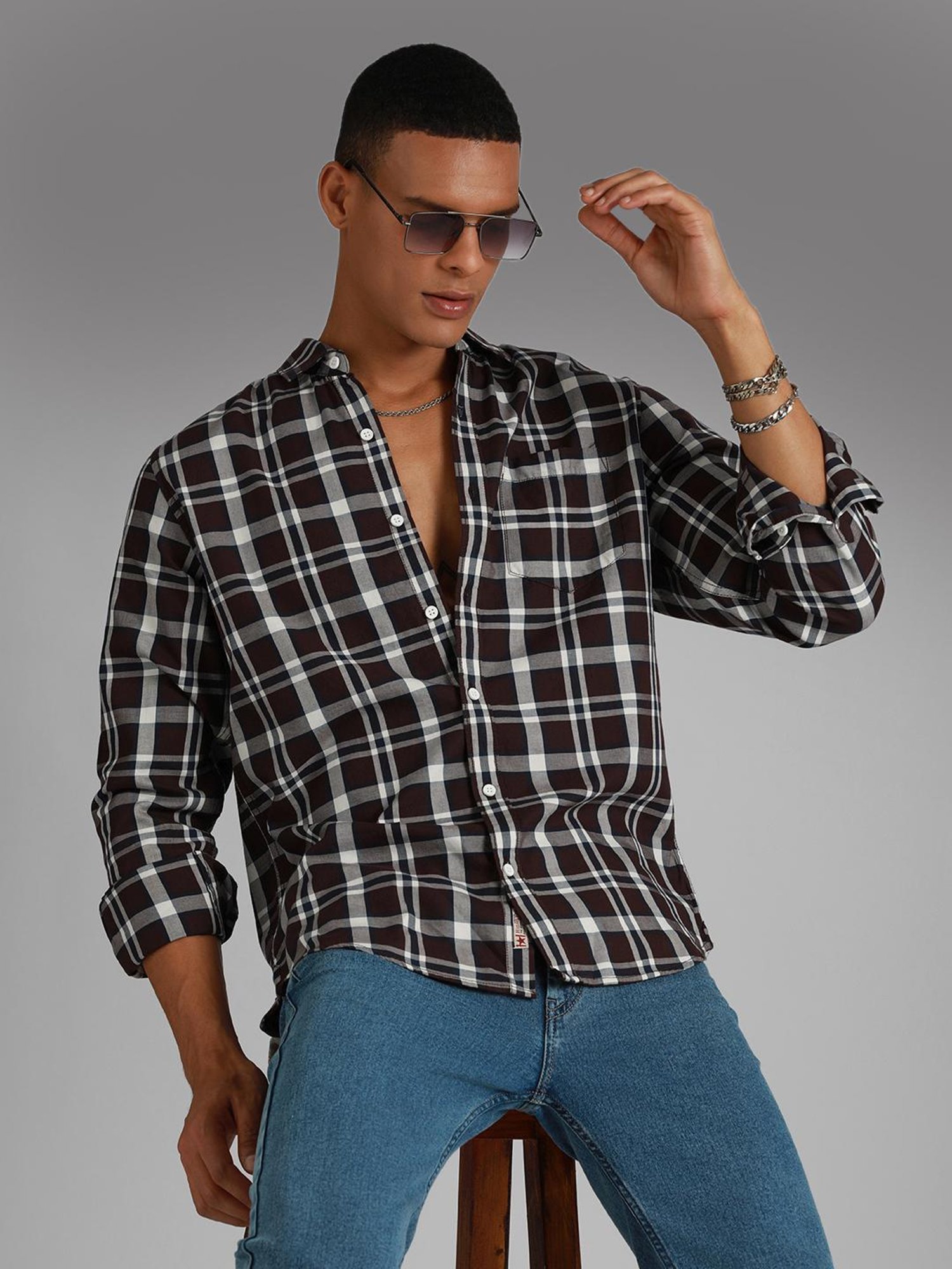 High Star Maroon Cotton Regular Fit Checks Shirt