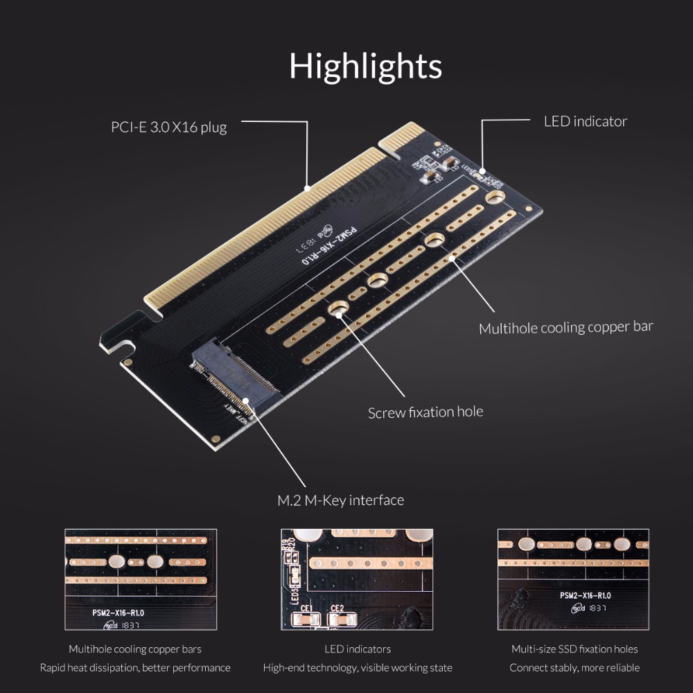 PCI-E Express M.2 M-key Interface SSD M.2 NVME to PCI-E 3.0 X16 Gen3 Convert Card Support 2230-2280 Size Super Speed Card