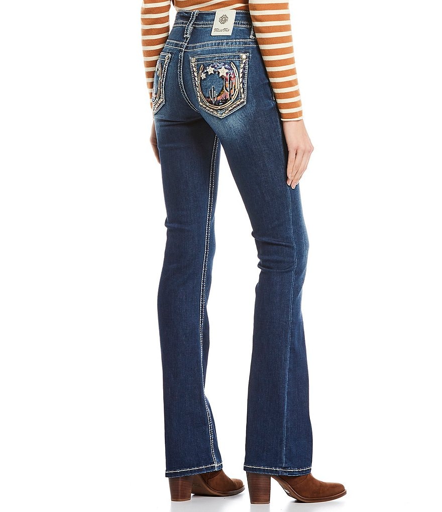 Miss Me Under The Stars Cactus Embroidered Pocket Mid Rise Bootcut Jeans
