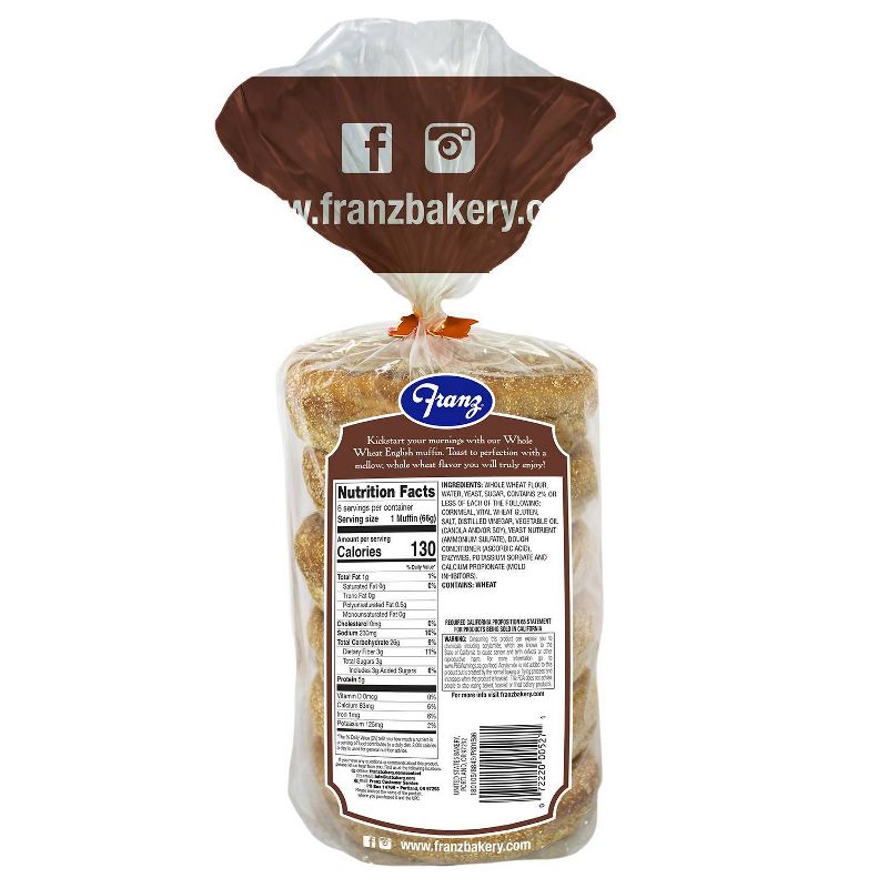 Franz Vegan 100% Whole Wheat English Muffins - 14oz/6ct