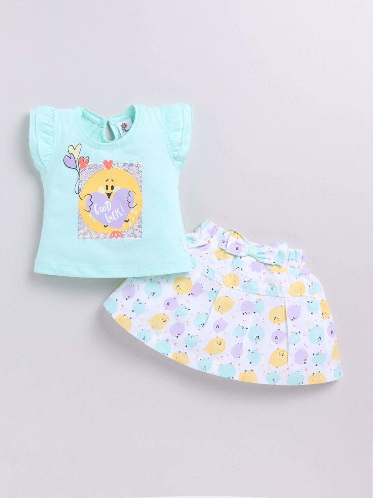 ANNIE Girls Blue Cotton Printed Top & Skirt Set