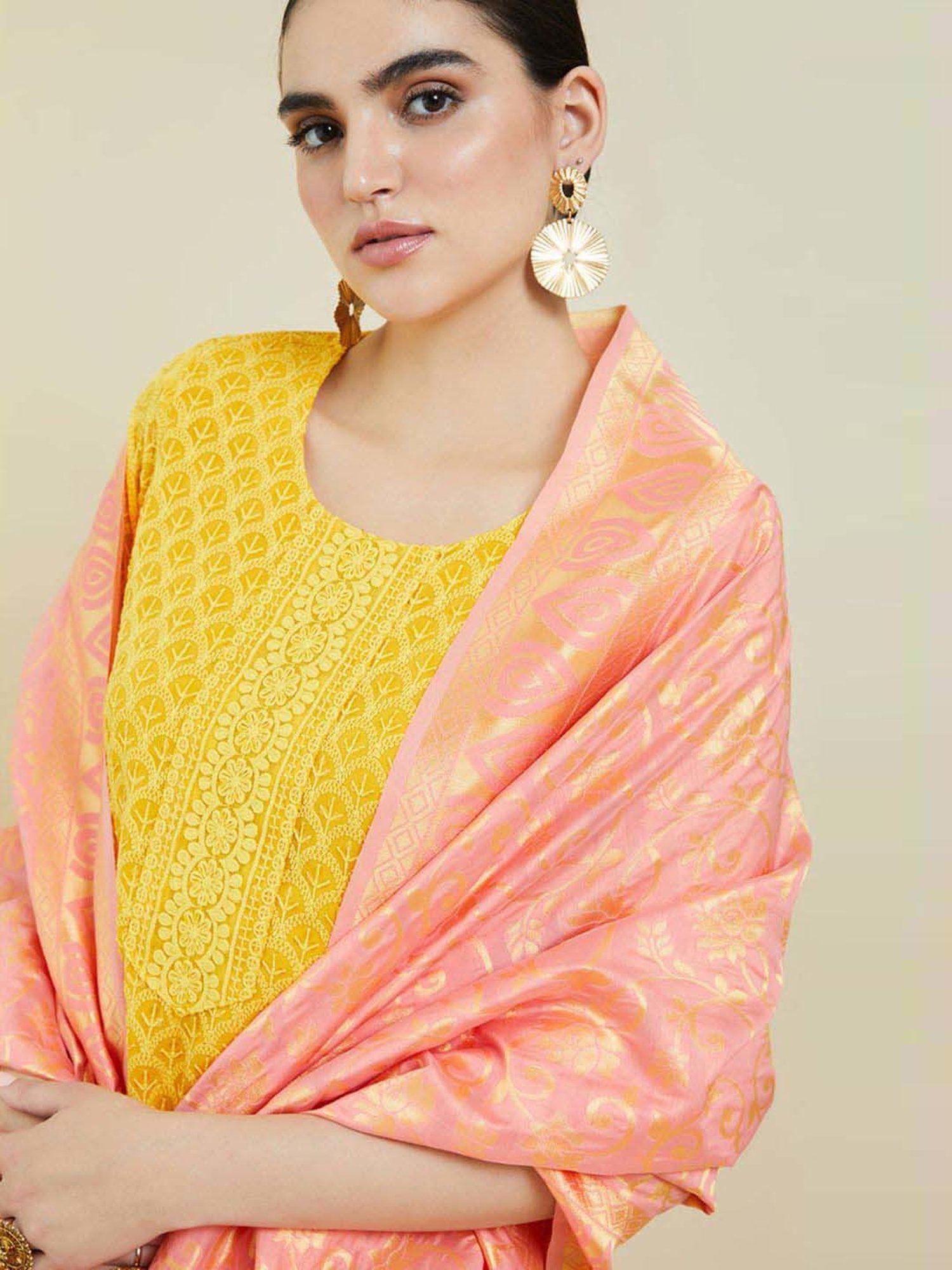 Soch Peach Woven Pattern Dupatta