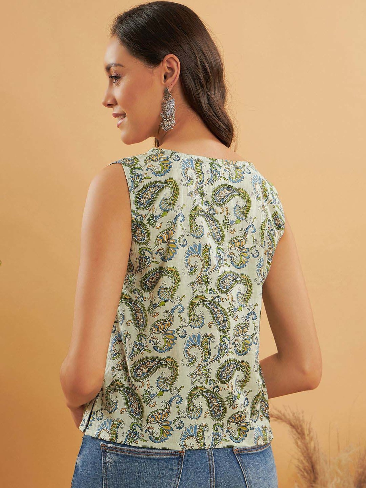 Inweave Sage Green Paisley Pattern Top