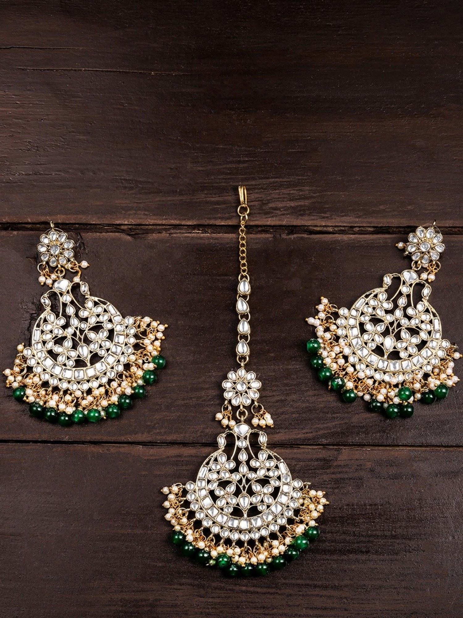 Zaveri Pearls Green & Clear Alloy Earring & Maang Tikka Set