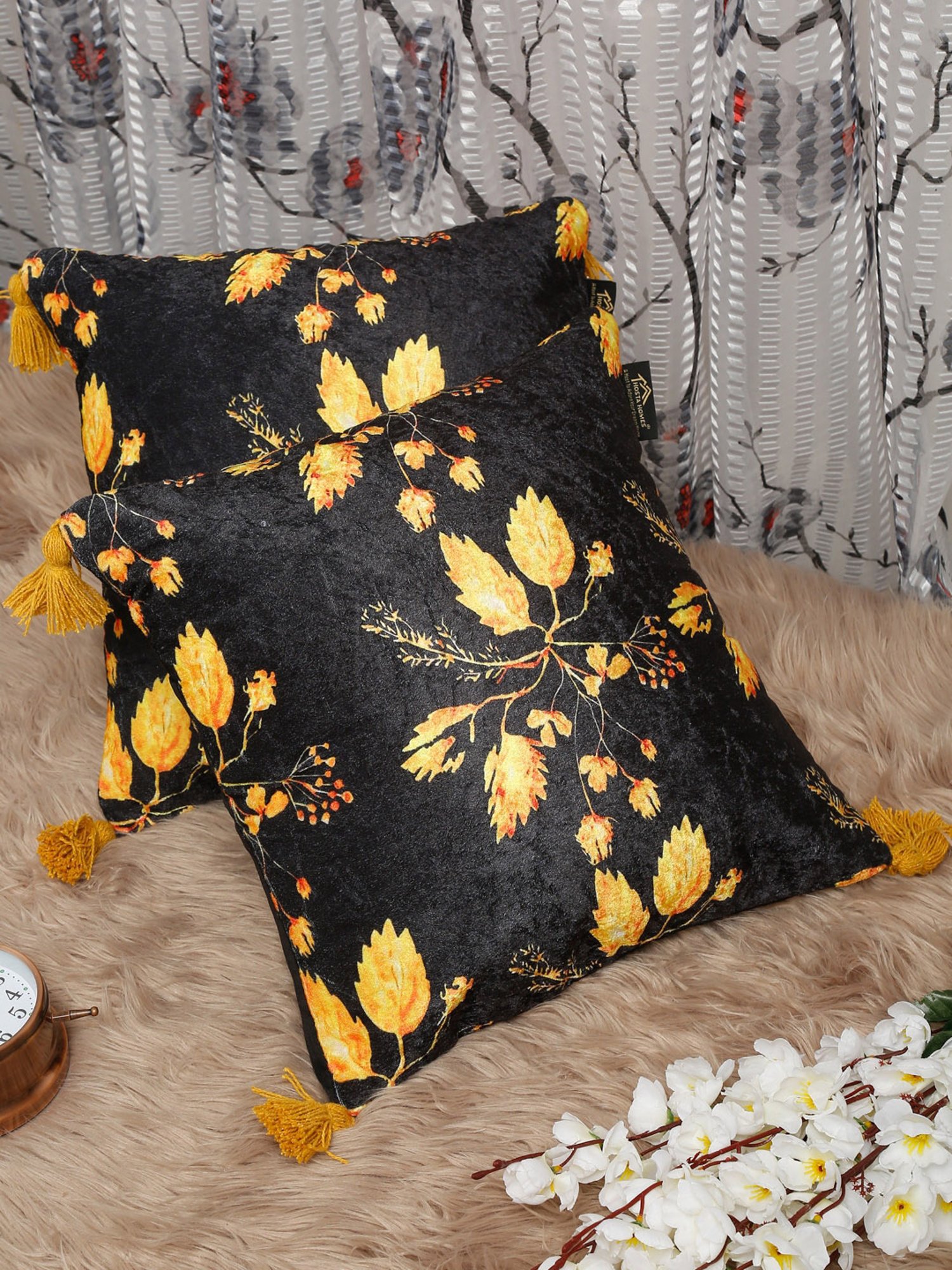 HOSTA HOMES Black & Yellow Velvet Ultra Soft Cushion Covers - Set of 2
