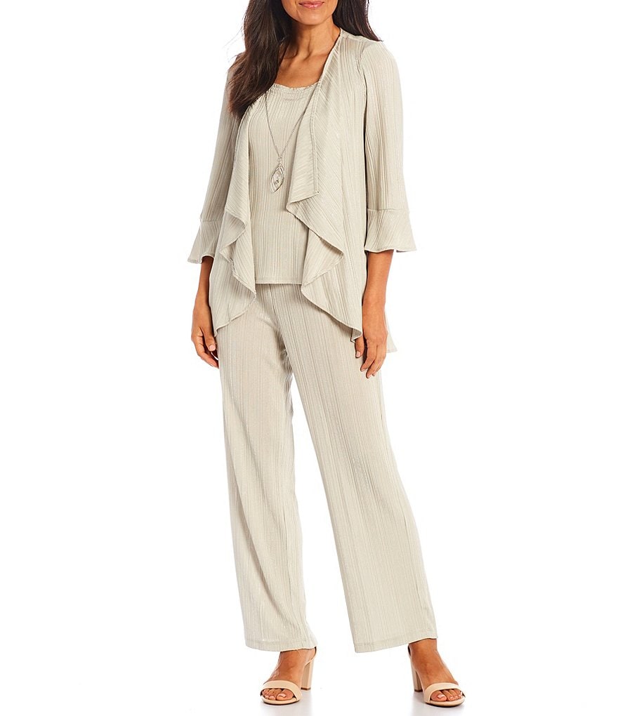 R & M Richards Pleated Foil Knit Flyaway 3/4 Sleeve Scoop Neck Jacket 3-Piece Pantsuit
