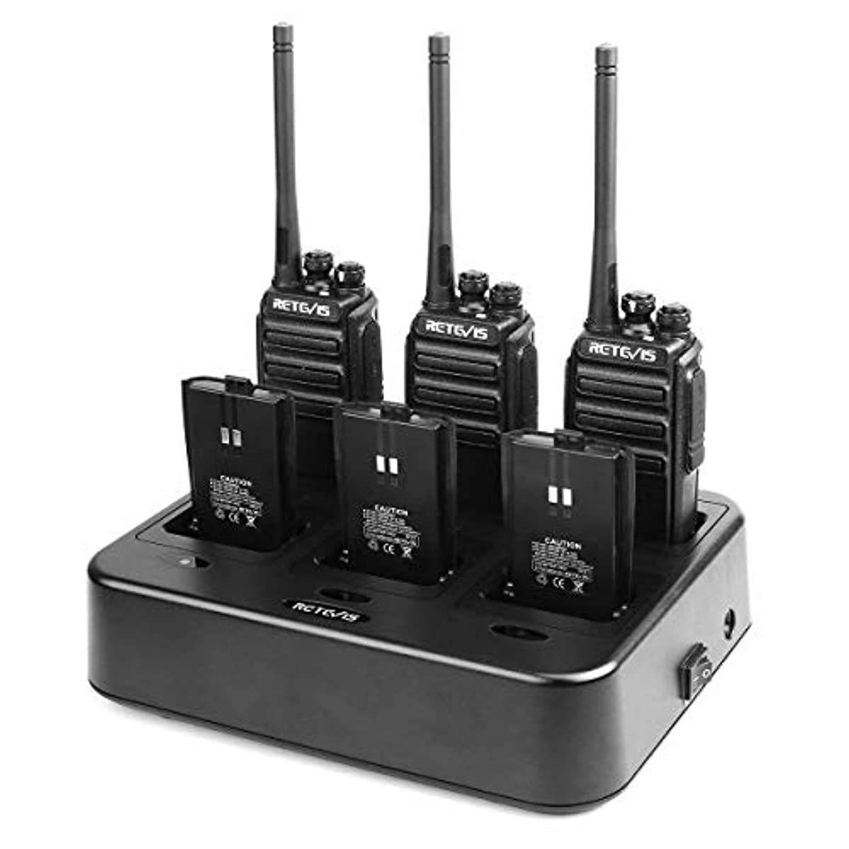 Retevis H-777S Walkie Talkies Long Range (6 Pack) with Six Way Multi Gang Charger Bundle with Big PTT Acoustic Tube Headset(5 Pack)
