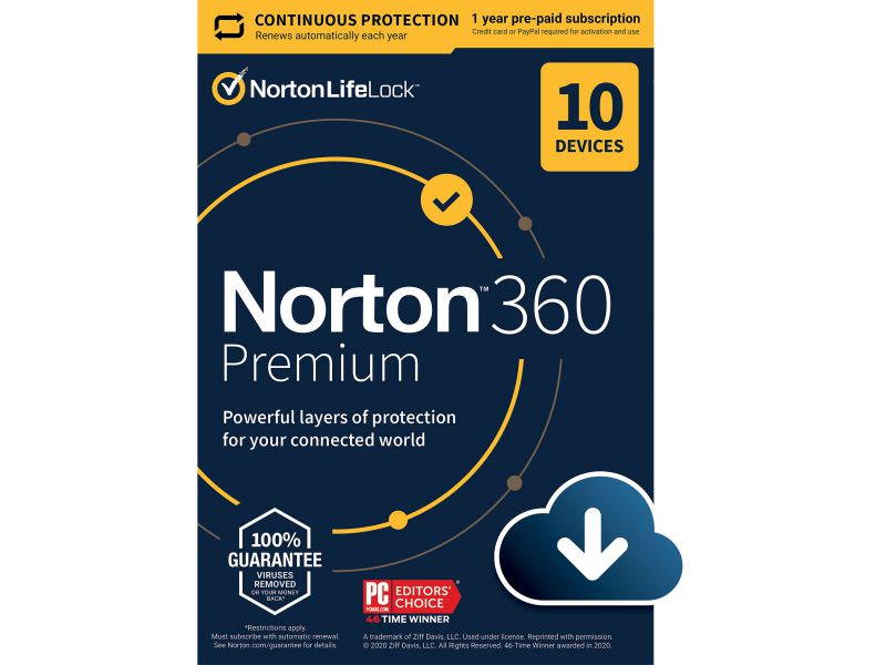 Norton 360 Premium 2021 - Antivirus software for 10 Devices with Auto Renewal - Includes VPN, PC Cloud Backup & Dark Web Monitoring powered by LifeLock [Download]